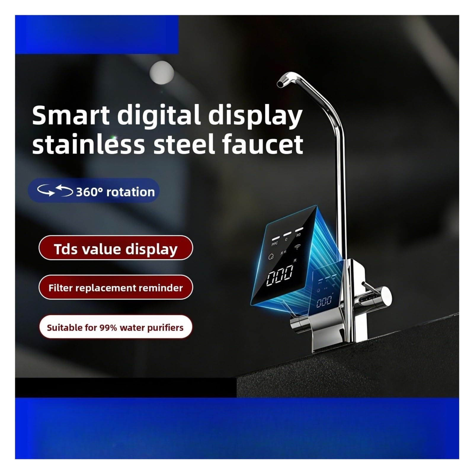Rubinetto filtro acqua digitale Smart TDS, rubinetto da cucina in acciaio inossidabile 304,Controllo del flusso(Smart Single Out)