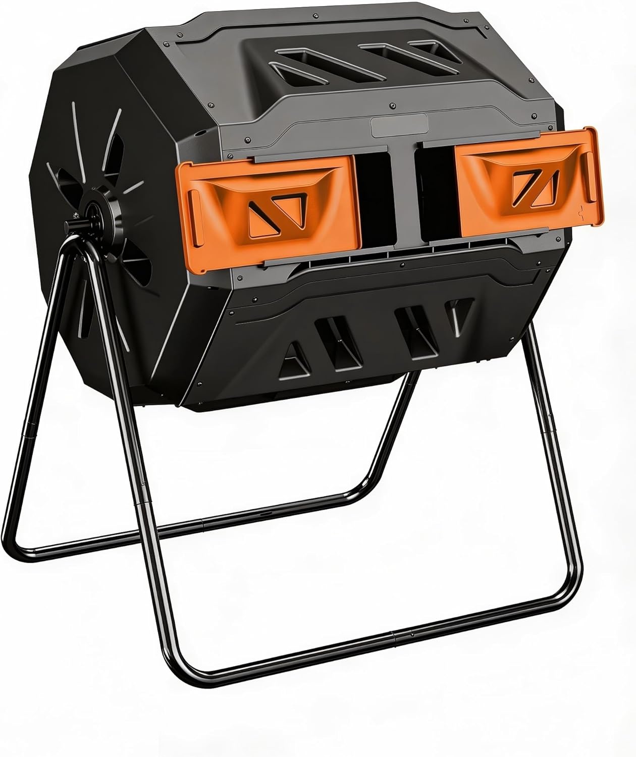 43-Gal Dual Chamber Compost Tumbler Outdoor, 360° Rotating Compost Bin with Steel Frame, Aeration System & 2 Sliding Doors for Kitchen, Garden, Yard - Black Orange