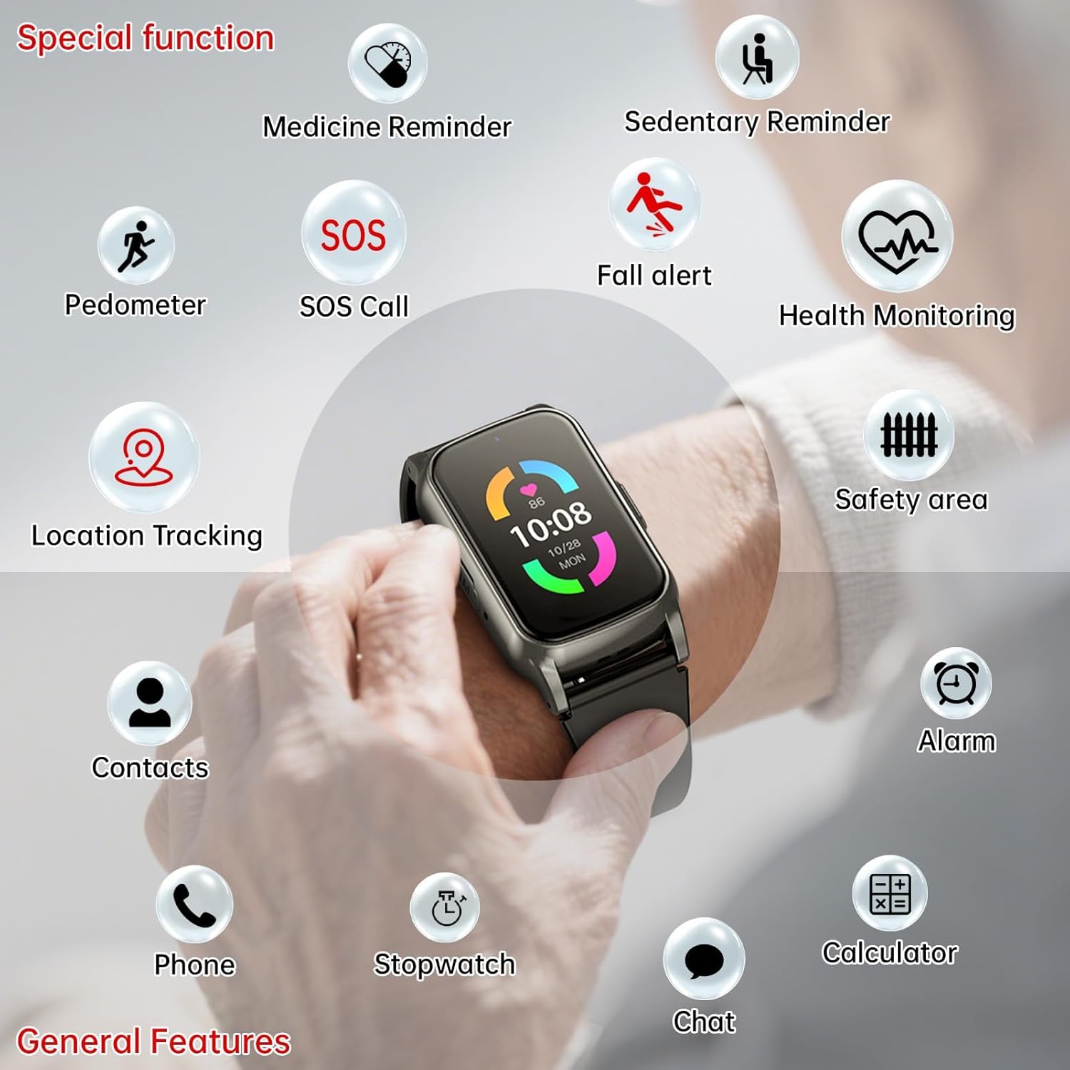 Smartwatch displaying time, surrounded by icons representing various features like SOS, Pedometer, Fall Alert, Health Monitoring, Location Tracking, and more.