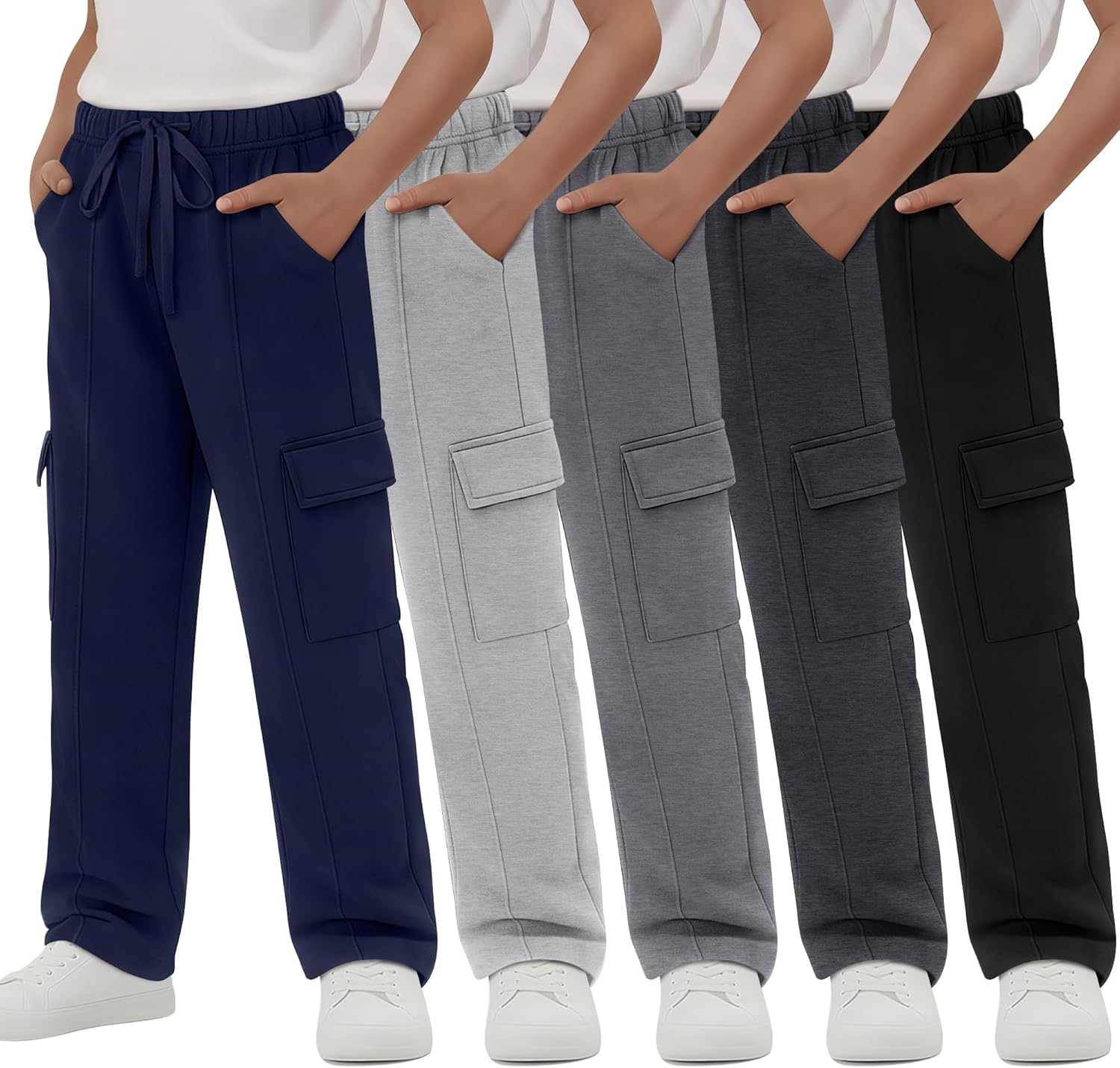 5 Pack Boys' Cargo Sweatpants Straight Leg Joggers Open Bottom Baggy Pants with Multi Pockets for Years 6-16