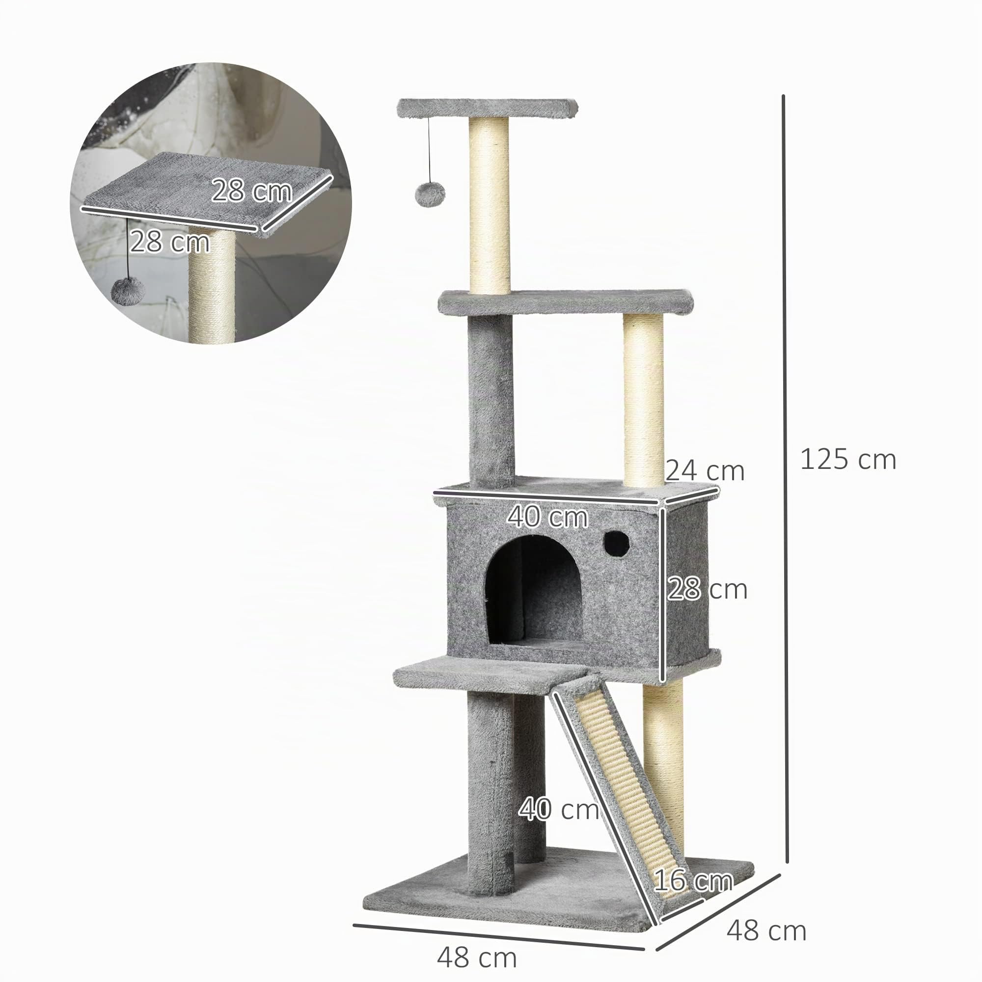 PawHut Arbre à Chat Griffoir Grattoir Tour de Jeu avec Niche 125 cm Gris | Plate-Formes, Balle Suspendue