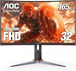 AOC 32 Inch Curved Gaming Monitor, Full HD 1920x1080, 165Hz, 1ms MPRT, 1500R VA Panel, Adaptive Sync, HDMI 2.0, DisplayPort 1.2, Height Adjustable Stand, 3-Year Zero-Bright-Dot, C32G2