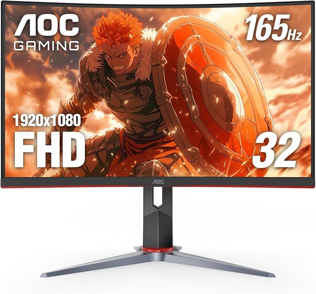 AOC 32 Inch Curved Gaming Monitor, Full HD 1920x1080, 165Hz, 1ms MPRT, 1500R VA Panel, Adaptive Sync, HDMI 2.0, DisplayPort 1.2, Height Adjustable Stand, 3-Year Zero-Bright-Dot, C32G2