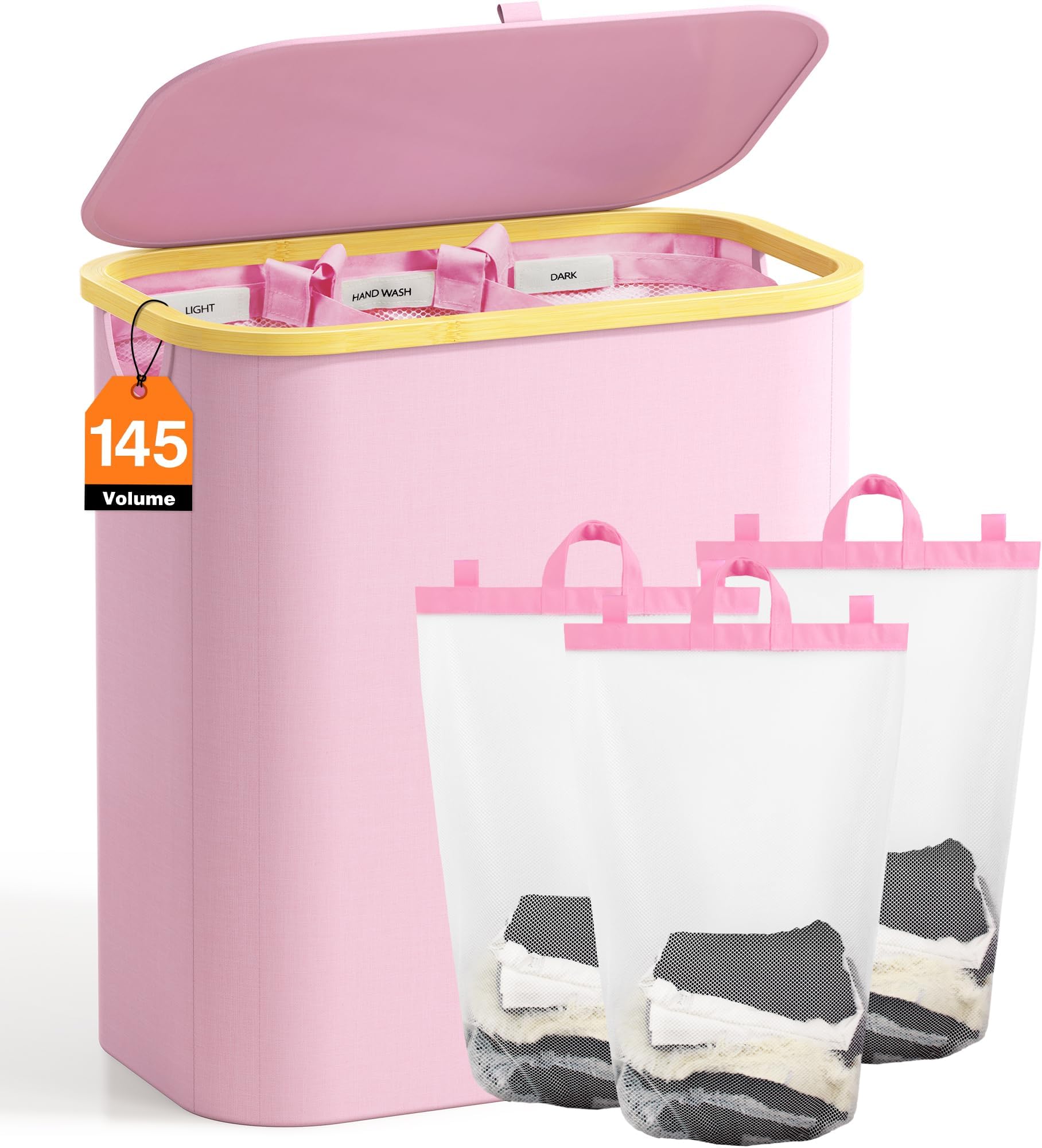 Hampers for Laundry Basket with Lid, 145L Extra Large 3 Section Clothes Divided Organizer for Bedroom, Laundry Room, Dirty Clothing Hamper, Pink