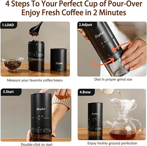 Miniatura 4 de Molinillo de café eléctrico portátil, 38 ajustes de molienda, rebaba cónica y cuerpo de acero inoxidable negro, molino recargable para expreso, olla
