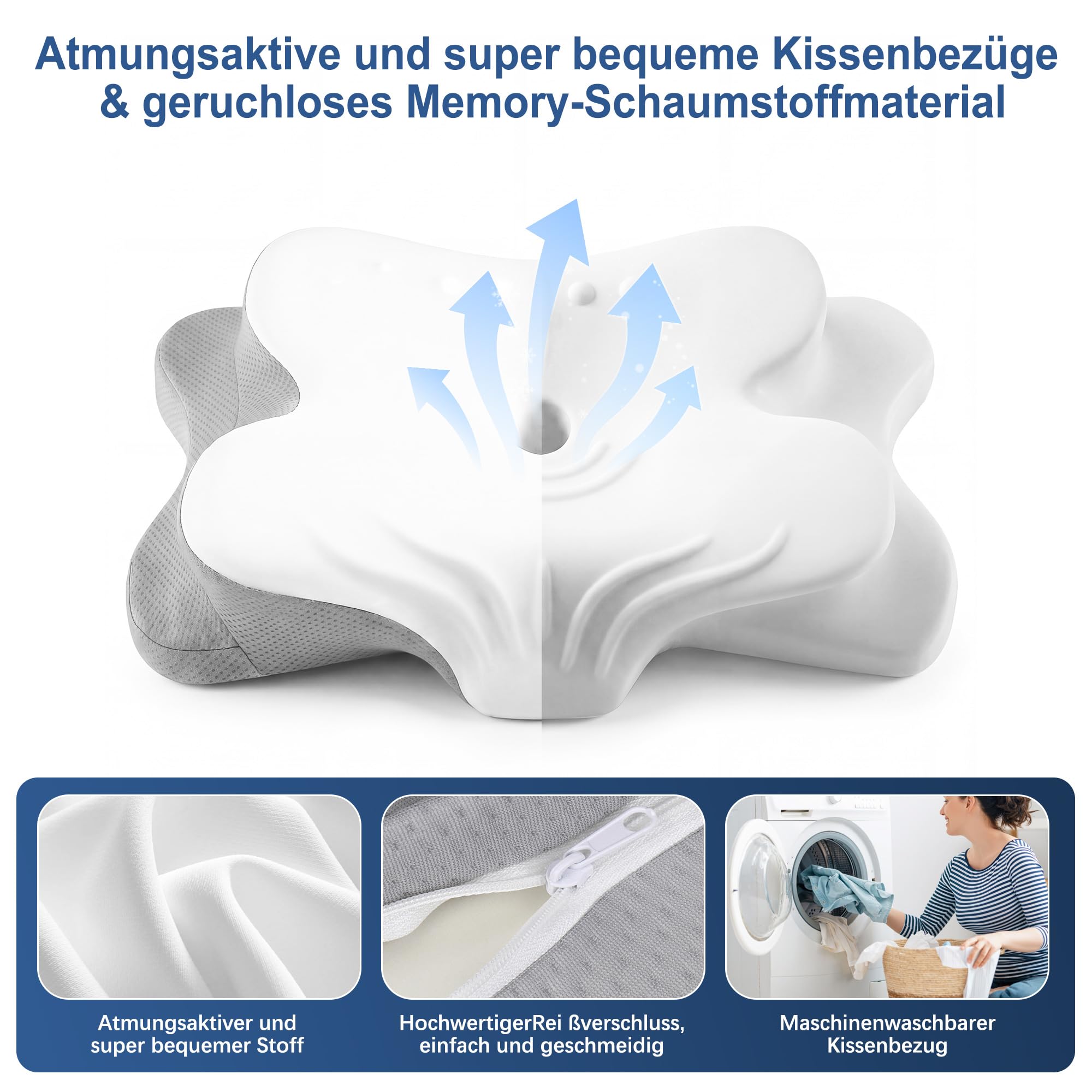 VYLEE Ergonomisches Nackenkissen Memory Foam Kopfkissen für Rücken-, Seiten- und Bauchschläfer, Schlafkissen für Nacken- und Schulterschmerzen (Grau)
