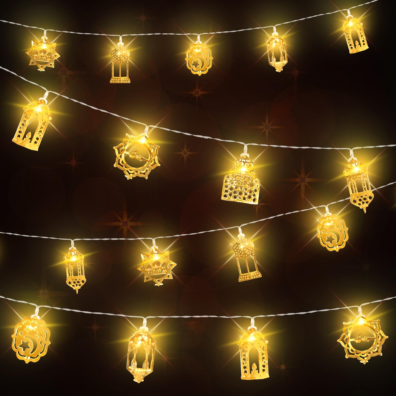 Landifor 9.8ft Ramadan Eid String Lights - 20 LEDs Eid Mubarak Moon Star Lantern Lamp Muslim String Lights Battery Operated with 2 Modes for Outdoor Indoor Home Party Decor
