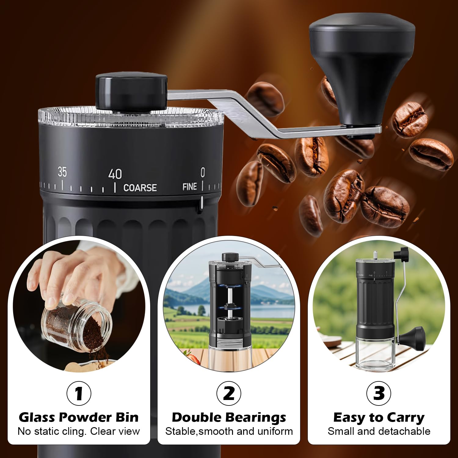 Zewnętrzny regulowany ręczny młynek do kawy, przenośny młynek do kawy, stożkowy do espresso, francuskiej prasy do espresso, do podwójnego łożyska, zewnętrzna regulacja pojemności 25 g
