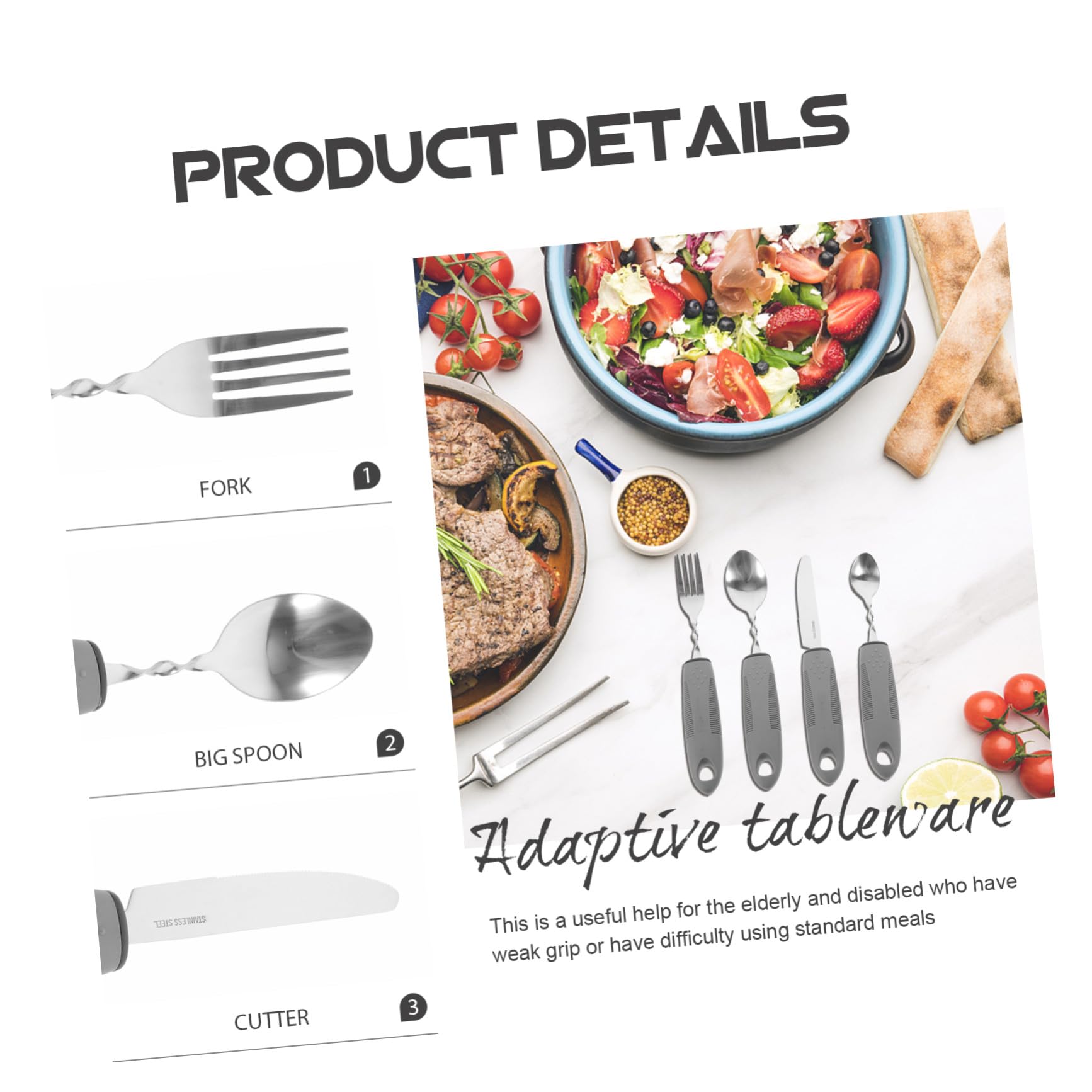 Set di Posate Adattive Antiscossa in Acciaio Inox e Plastico | Portatile, Impugnatura Antiscivolo, Facile da Pulire, per Pasti Quotidiani
