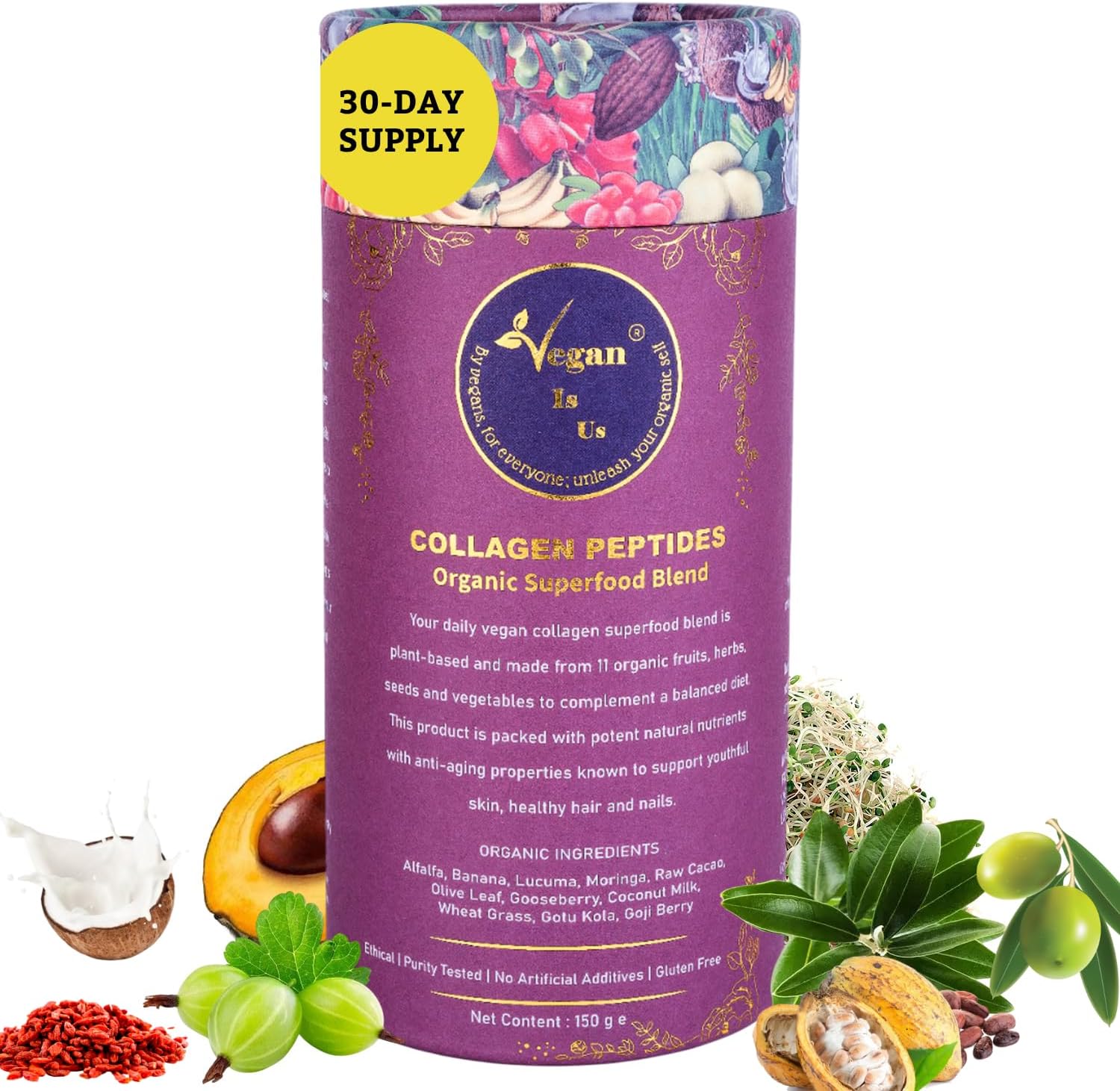 Vegan Collagen Powder with 11 Organic Superfoods – Plant-Based Collagen Supplement for Skin, Hair, Nails & Joints – Moringa, Cacao, Wheatgrass, Berries, Coconut Milk | 150g (30 Servings) VeganIsUs
