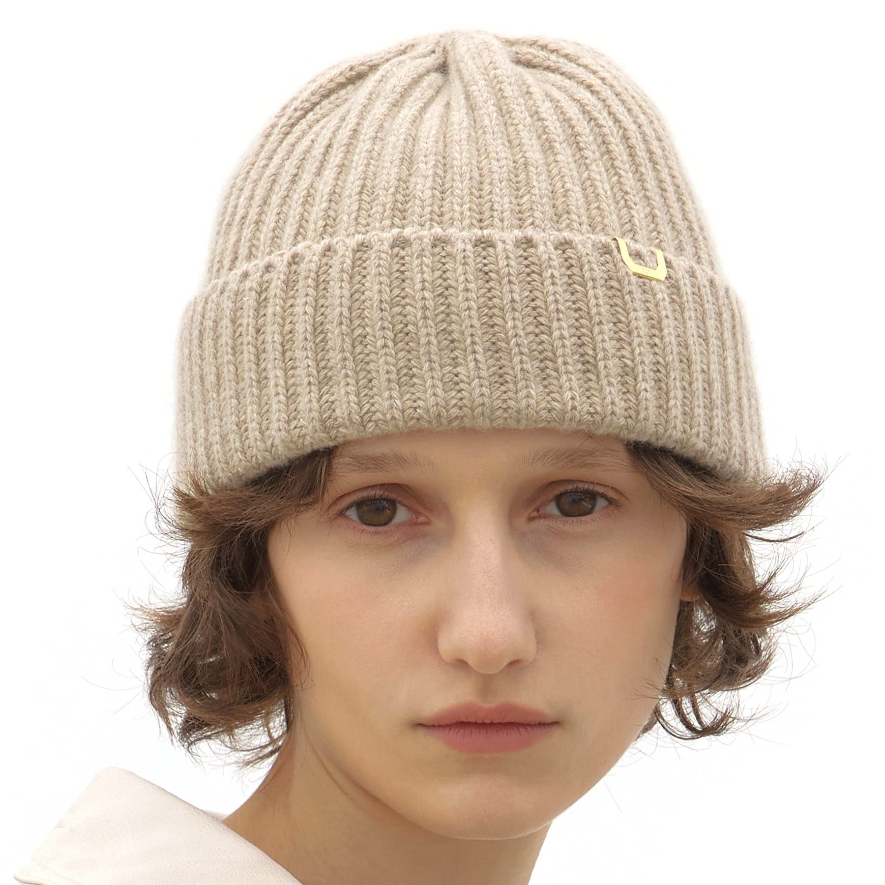 UNDERCONTROL Gorro unisex de punto de lana larga con etiqueta de latón frontal, mezcla de cachemira, fabricado en Corea, 3 colores