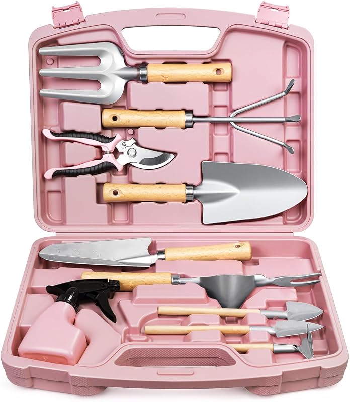 12-Piece Gardening Tools Set with Hard Storage Case, Pink Silver | Heavy-Duty Steel Trowel & Pruner, Floral Print Design, Garden Tool Set Gift for Women, Mom & Plant Lovers