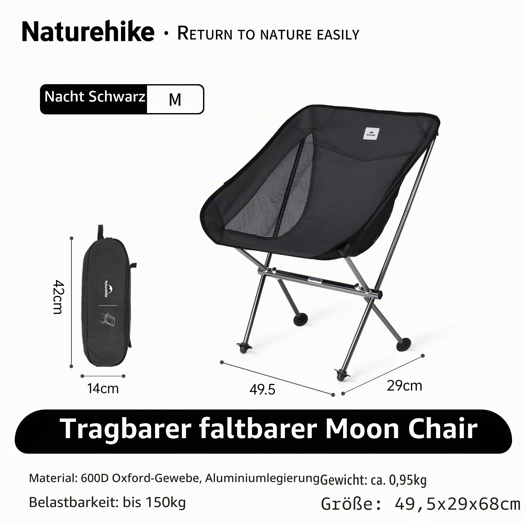 Naturehike Stuhl Campingstuhl Ultraleicht Klappstuhl Kleines Packt beträgt 150kg zum Angeln Picknick Outdoor Wandern (Schwarz)