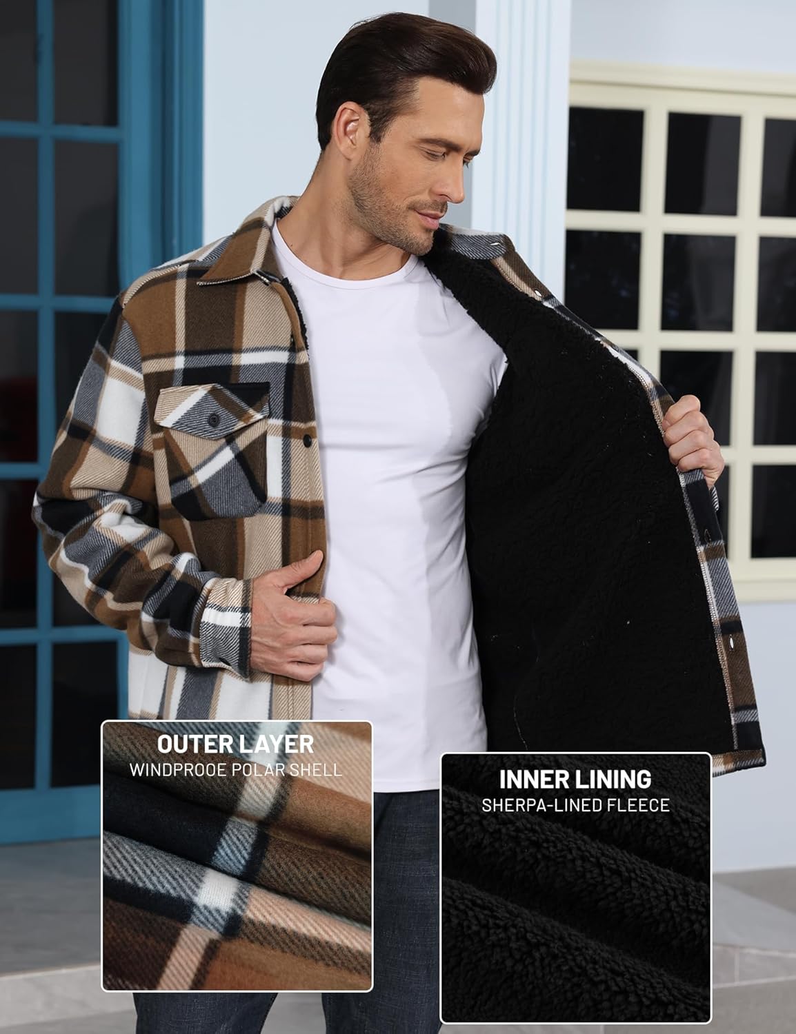 Men's Flannel Jacket Sherpa Lined Casual Button Up Plaid Jacket Long Sleeve Fleece Shacket with Pockets - Image 5