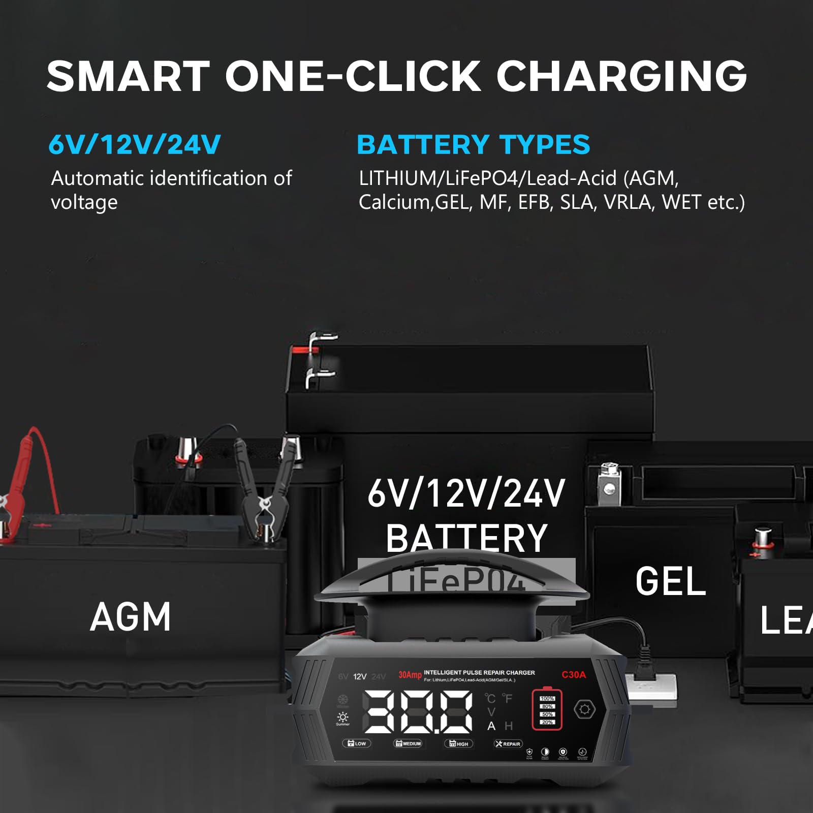 Batterijlader, 10A Lifepo4 Loodzuur Auto Batterijlader, Verbeterde Auto Trickle Charger 12/24V, All in 1 Batterij Onderhouder, voor Truck Trailer Motorfiets AGM Grasmaaier Boot Marine Batterijen