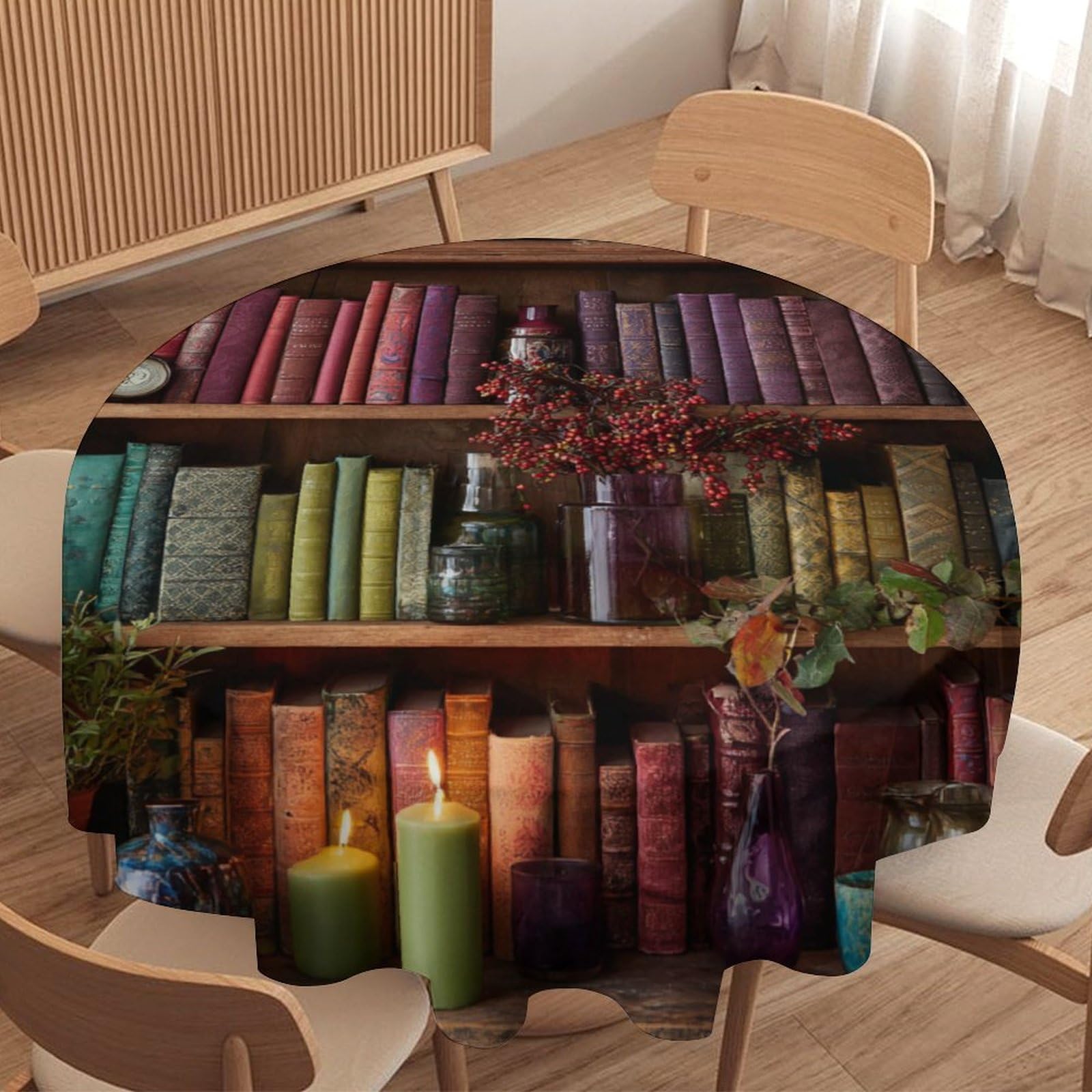 LUYYSKY Classic Vintage Bookshelf Round Tablecloth Retro Modern Bookshelf Books Plants Pattern Washable Decor for Table Cover for Kitchen-177.8" Wx177.8 L cm