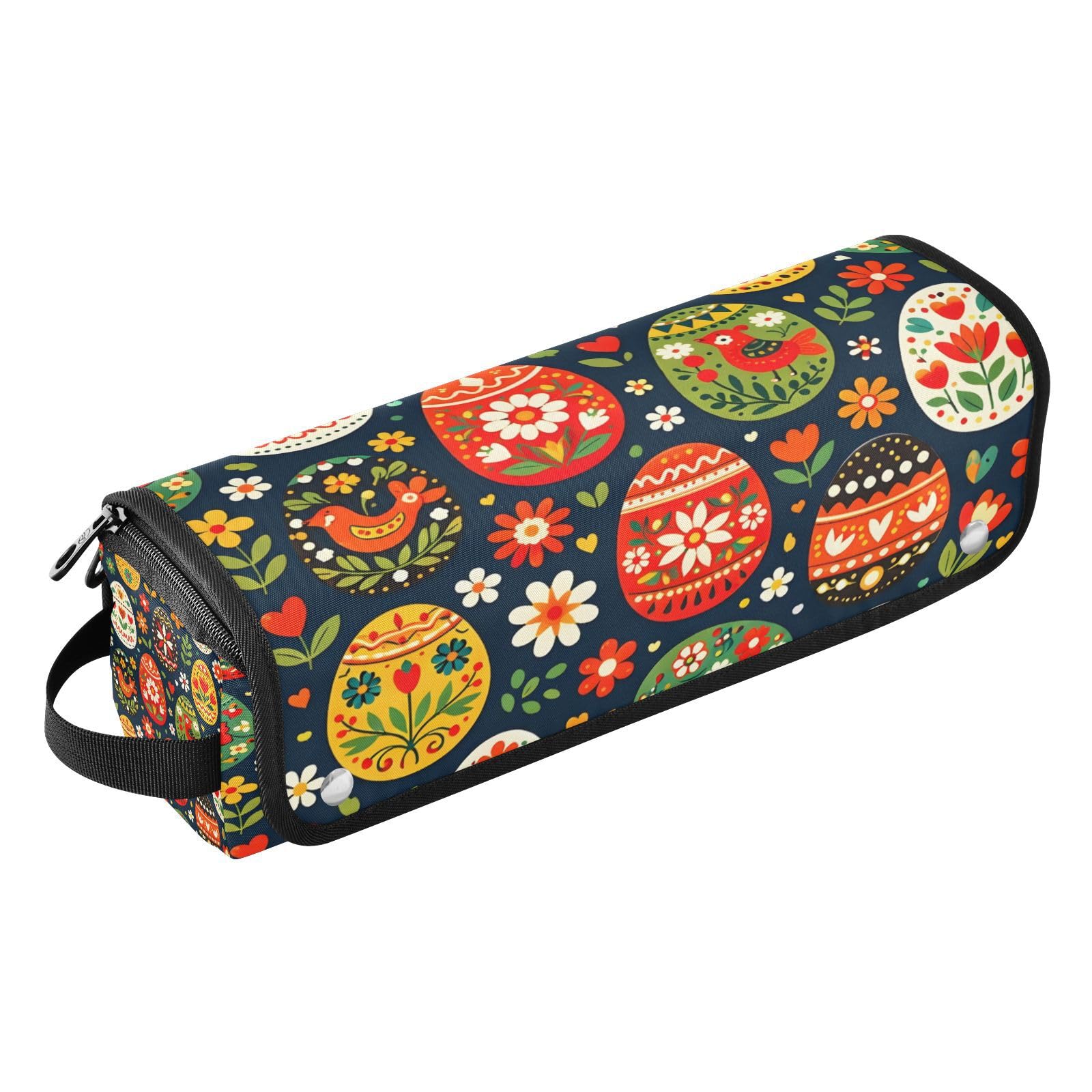 Folk Easter Eggs Hair Tools Travel Bag Portable Hair Accessory Organizer with Heat Resistant Mat 2 in 1