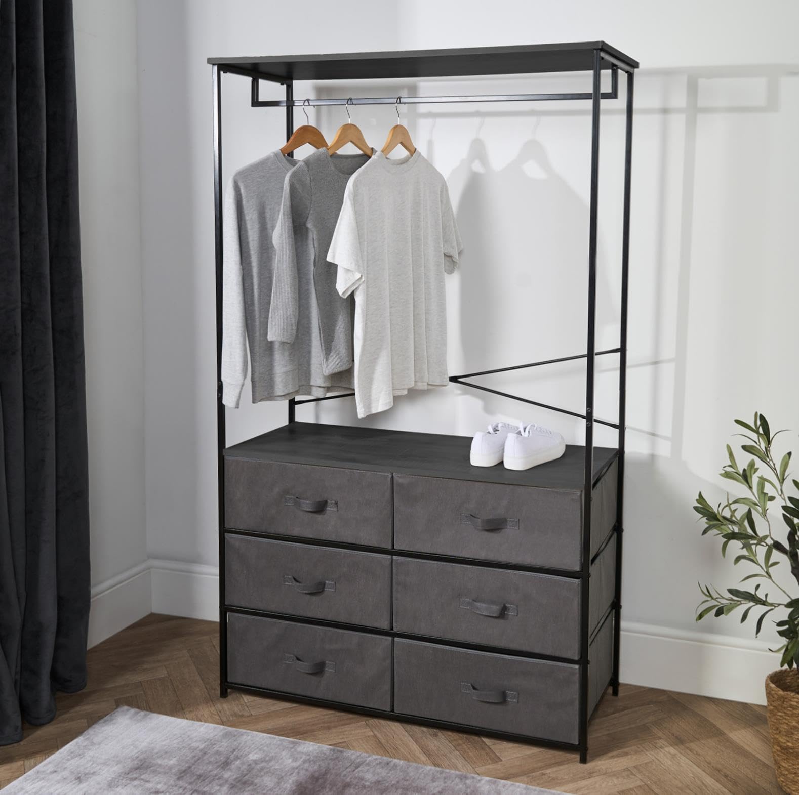 OHS Brooklyn Chest of Drawers with Clothes Hanging Rail, Open Wardrobe Storage Unit Organizer with 6 Fabric Drawers & Sturdy Metal Frame for Bedroom Closets Office, Grey
