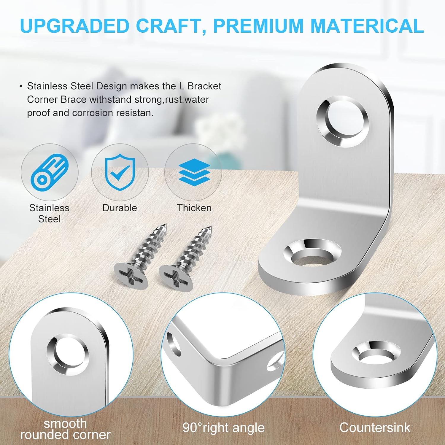 Beesini 50PCS L Brackets Corner Brace, Heavy Duty Small Brackets, Stainless Steel Right Angle Brackets, 90 Degree Bracket for Wood Shelves Dressers Chairs with 100PCS Screws(0.79 x 0.79 inch), White