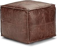 SimpliHome Sheffield 18-Inch Square Genuine Leather Pouf Ottoman in Brown - Boho Footrest, Extra Seating, Fully Assembled
