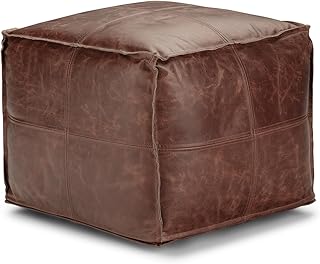SimpliHome Sheffield 18-Inch Square Genuine Leather Pouf Ottoman in Brown - Boho Footrest, Extra Seating, Fully Assembled