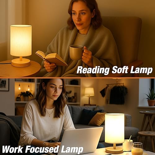 Miniatura 6 de Lámpara de escritorio con bombilla LED incluida, pequeña lámpara de mesita de noche enchufable, base de madera clásica con pantalla de tela de lino,
