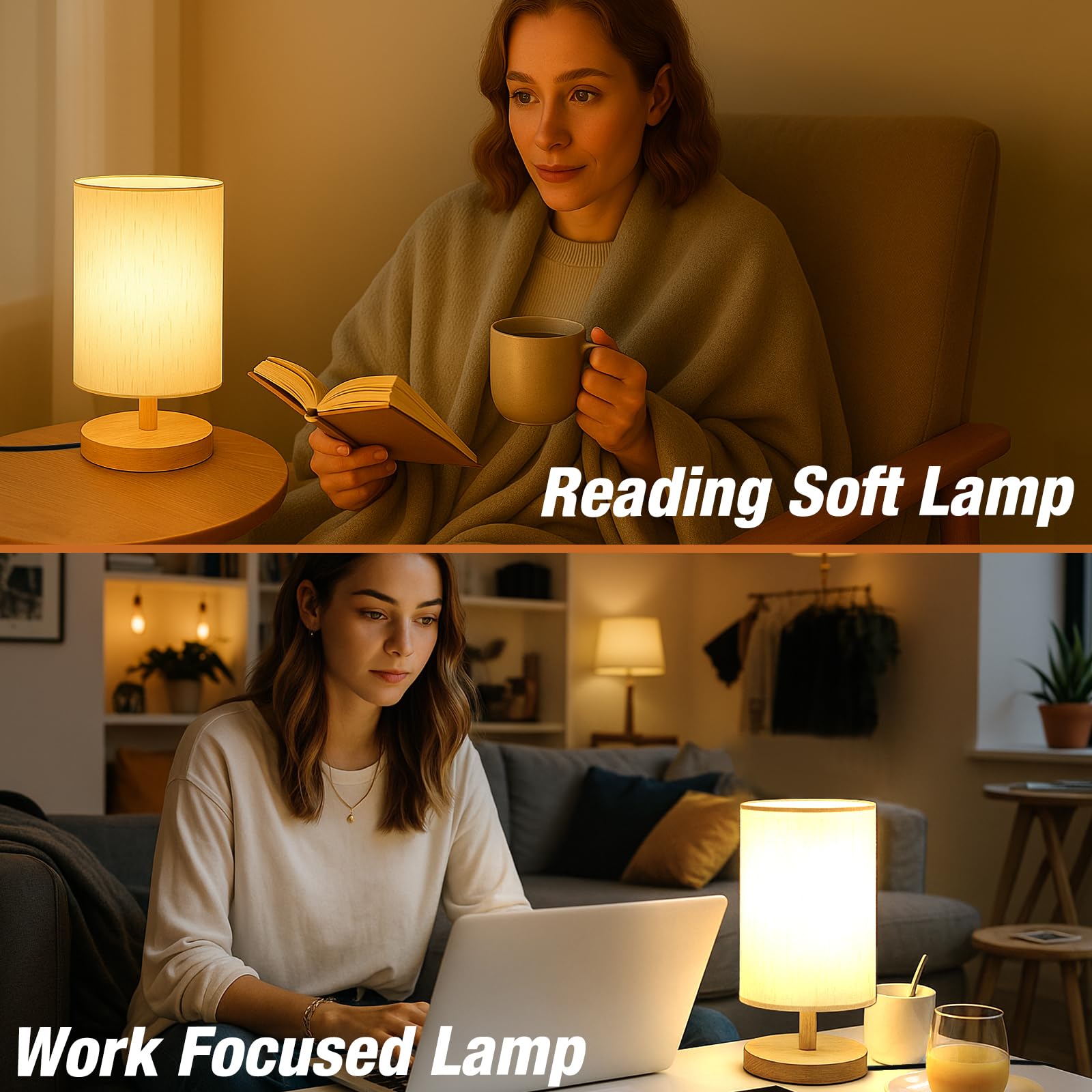 Schreibtischlampe LED Birne inklusive, kleine Nachttischlampe Plug-in - Klassischer Holzsockel mit Lampenschirm aus Flachsstoff, Lampen für Nachttische, einfaches Nachttischlicht für