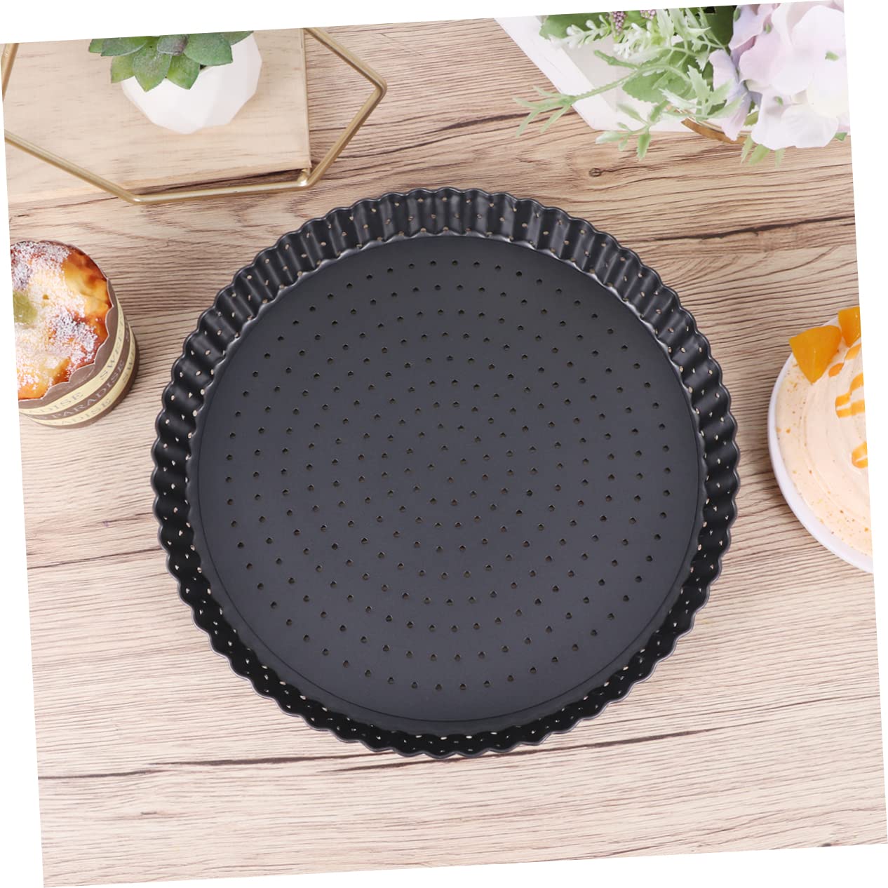 PRETYZOOM Teglia per Pizza Anello Microforato Crostata 24 Cm in Acciaio al Carbonio con Base Rimovibile e Rivestimento Antiaderente per Forno Rotonda