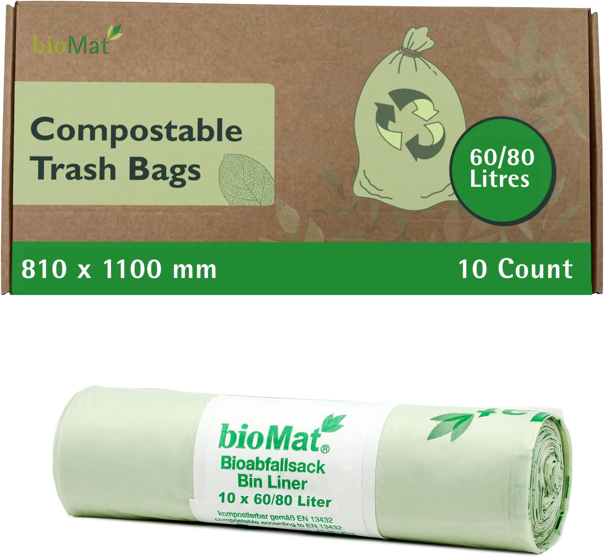 bioMat Compostable Wheelie Bin Liners, 10 Refuse Sacks, 80 litre, EN 13432 Certified Compostable Food Waste Bags, for Organic Waste, Household Waste