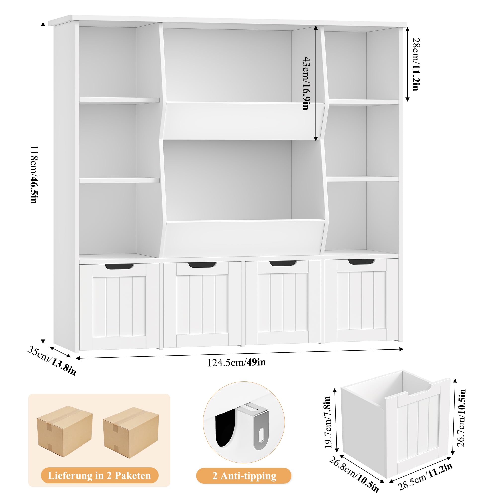 FOREHILL Kinderregal, Kinderzimmer Möbel für Kuscheltier Aufbewahrung | Regal für Pupen, Kinderschrank mit 4 Boxen auf Rollen, Bücherregal Kinder, Kinderzimmer, Kindergarten, 124,5x35x118cm Weiß