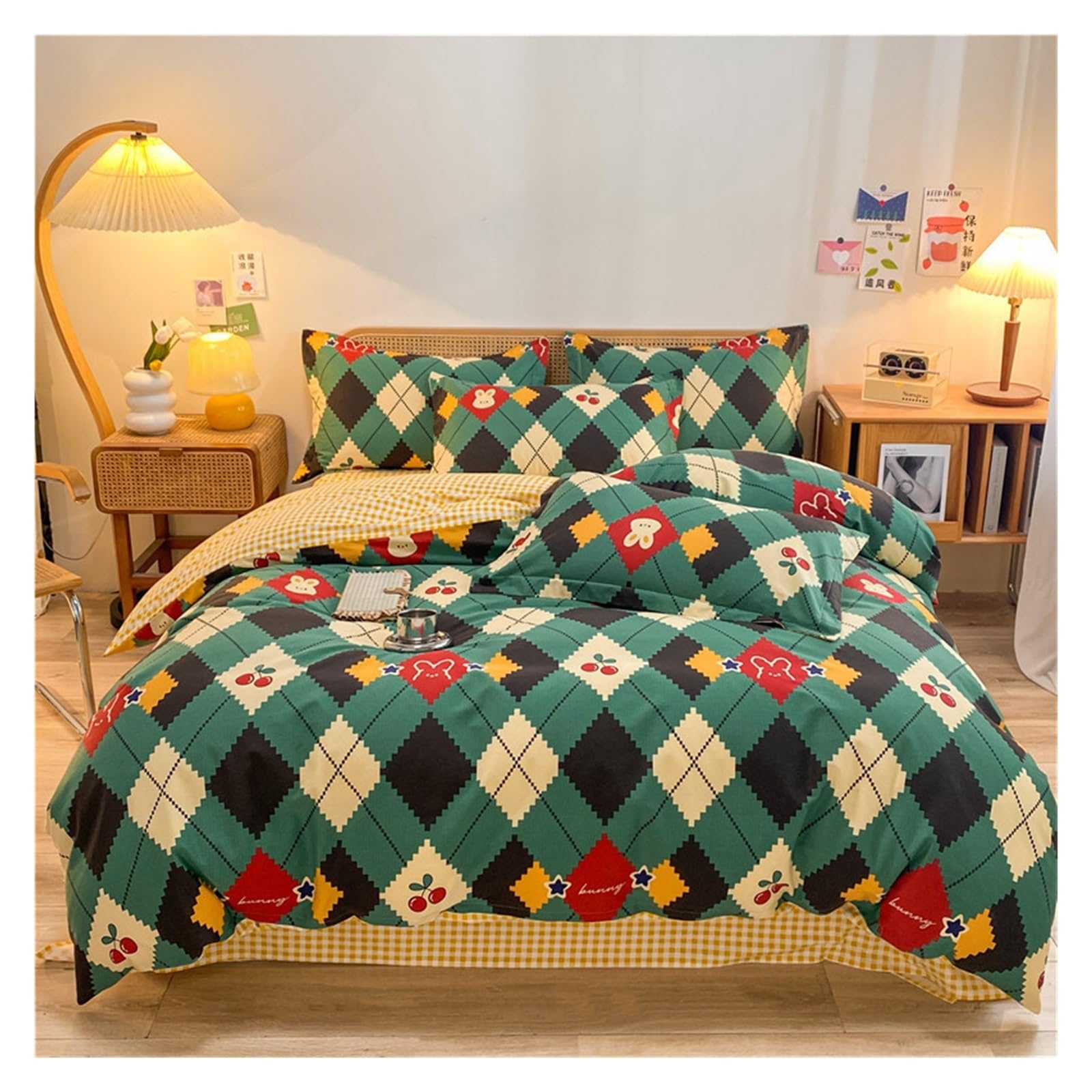 Housse de couette lapin cerise avec fermeture éclair invisible - Literie coton doux 4 pièces