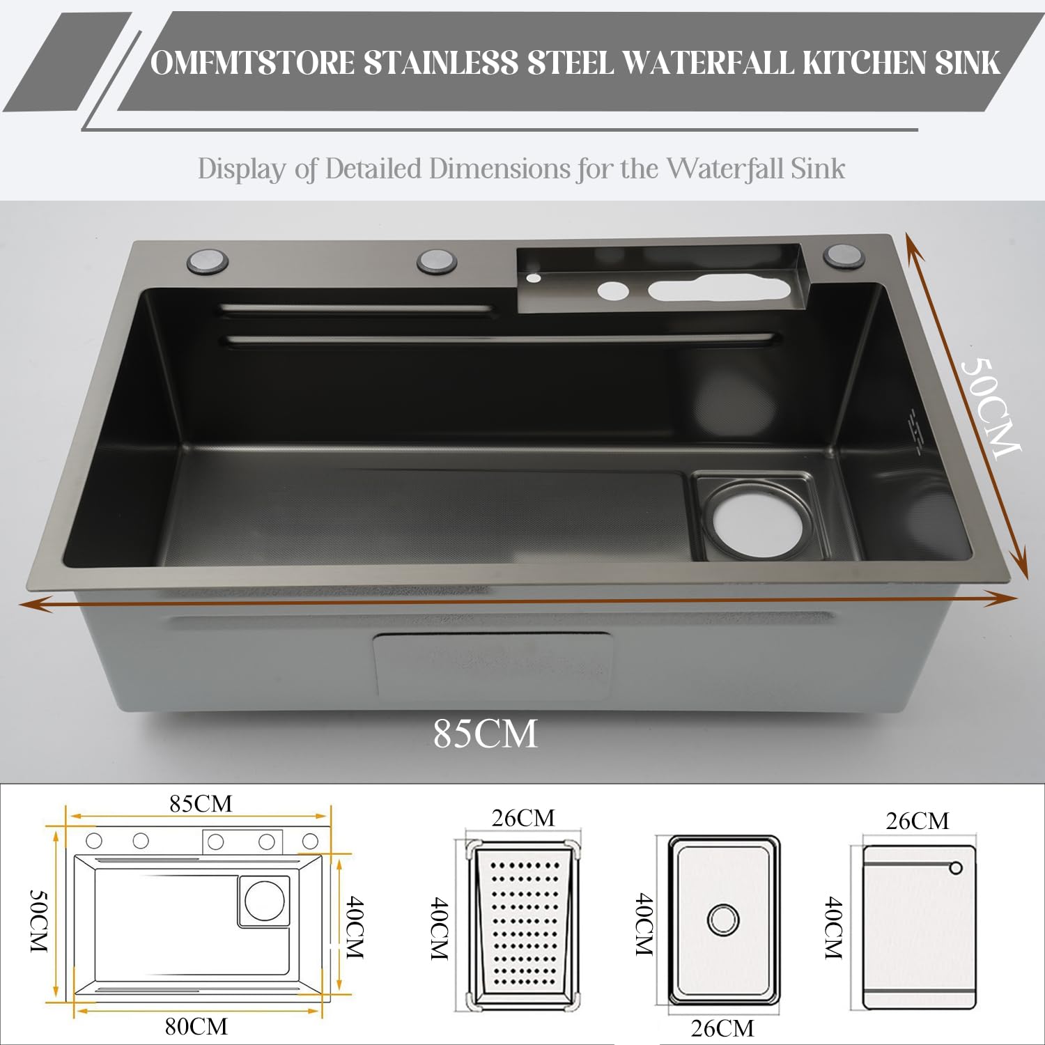 Lavello da Cucina, 85 x 50 cm, in Acciaio Inox con Cascata e Display, 1 Vasca, Ampio Piano di Lavoro con Tagliere, sifone, troppopieno e Set di Scarico.