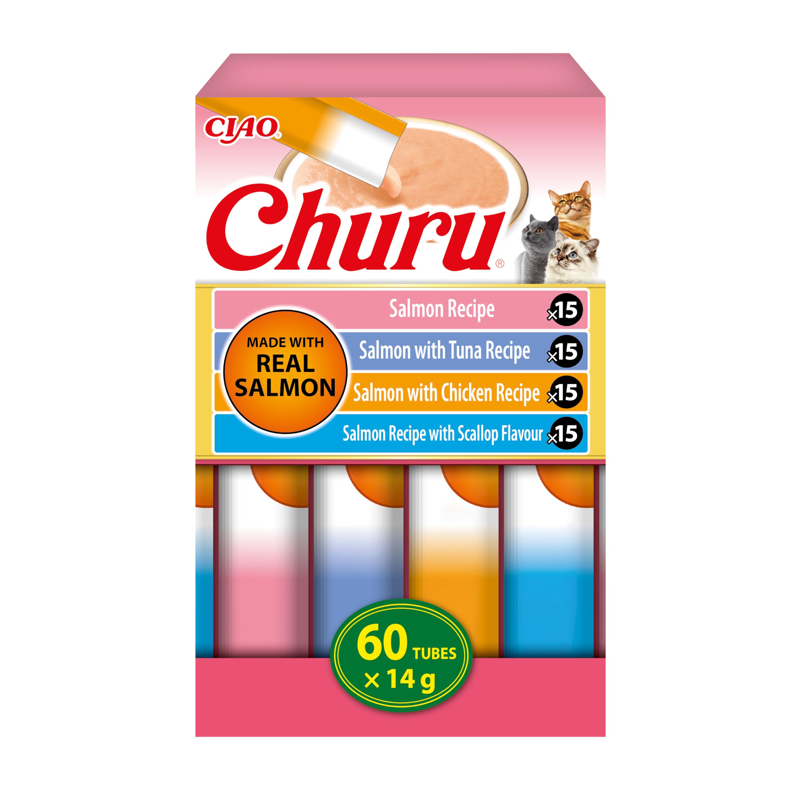 INABA Churu Salmon Variety Pack, Friandises Crémeuses pour Chats, Purée à Donner à la Main, Recettes au Saumon, Thon, Poulet et Pétoncle, Ingrédients Premium, Haute Humidité, 60 Sticks x 14g