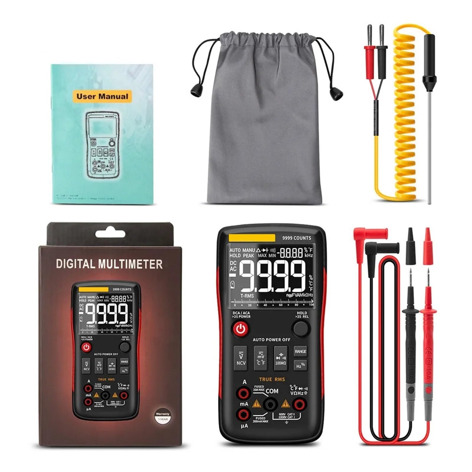 Q1 Multimetro Digitale 9999 Tester Analogico Vero RMS Professionale Multimetro Fai da Te Condensatore Transistor NCV Tester LCR Meter(Q1 Red)