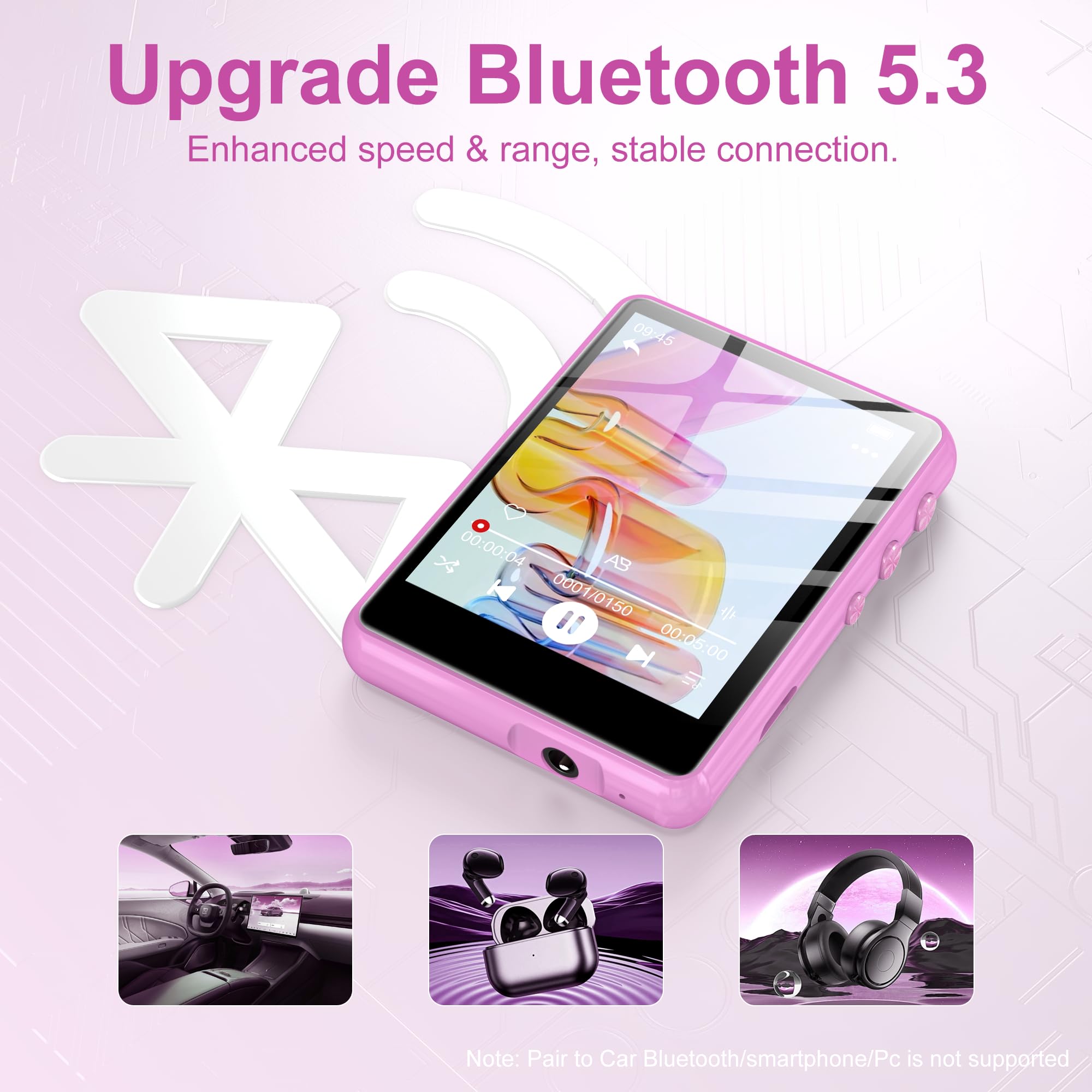 SWOFY Reproductor de MP3 de 128 GB con Bluetooth 5.3 – 2.4 pulgadas, sonido Hi-Fi, altavoz integrado, función de grabación, radio FM, se puede ampliar a 512 GB (rosa) - 4