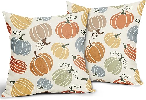 Miniatura 2 de Juego de 2 fundas de almohada de otoño de 18 x 18 pulgadas, con temática de Acción de Gracias, azul, amarillo, naranja, calabaza, decorativas, para