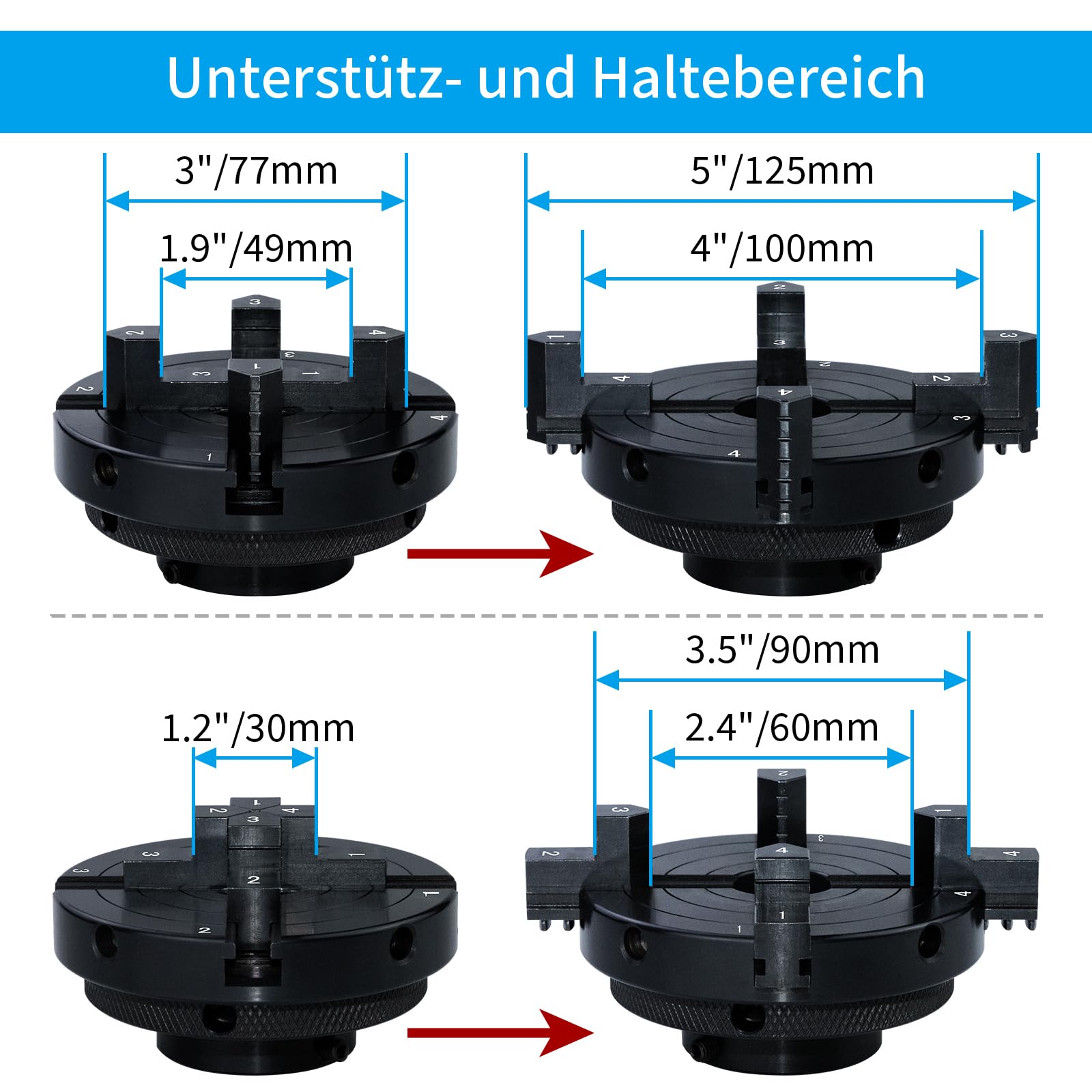 Backenfutter Drechselfutter 100MM 4-Backen Spannfutter selbstzentrierend Drehfutter Drechselspannfutter für M18X2,5 Drechselbank