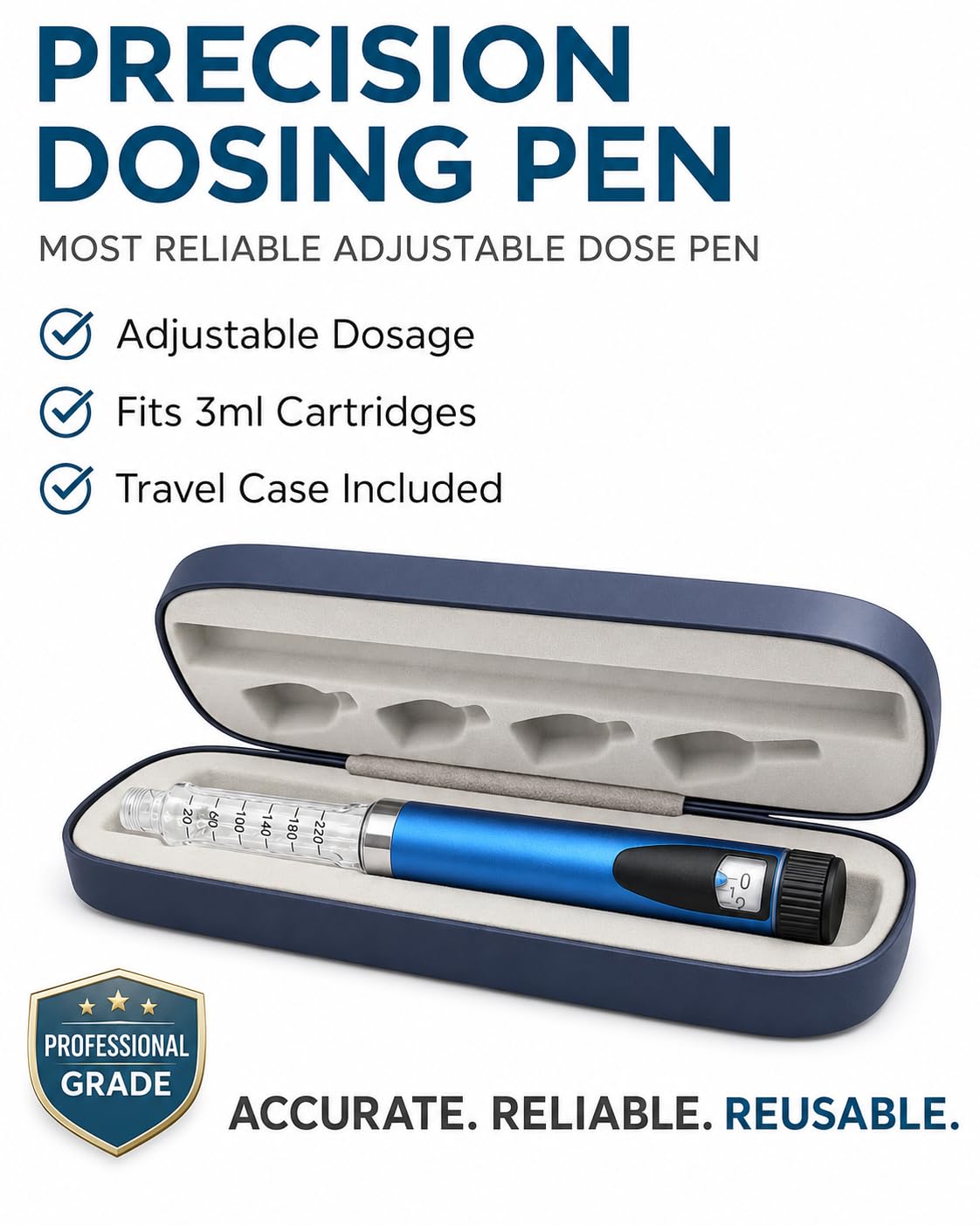 Inyector reutilizable de insulina/péptido con estuche de viaje rígido, compatible con cartuchos estándar de 3 ml, kit compacto y portátil (azul)