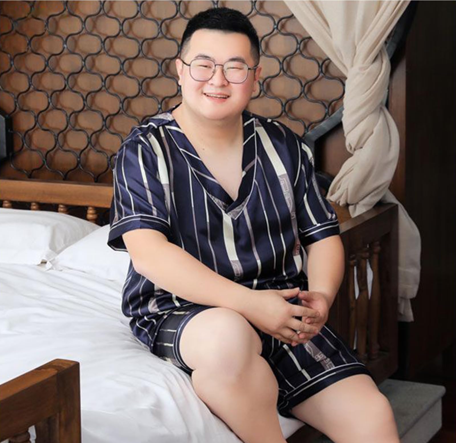 Mens Pajamas Set Button-Down Camicia a Manica Corta Top Soft Silk Pj Set Plus Size Loungewear Pjs 3XL-5XL