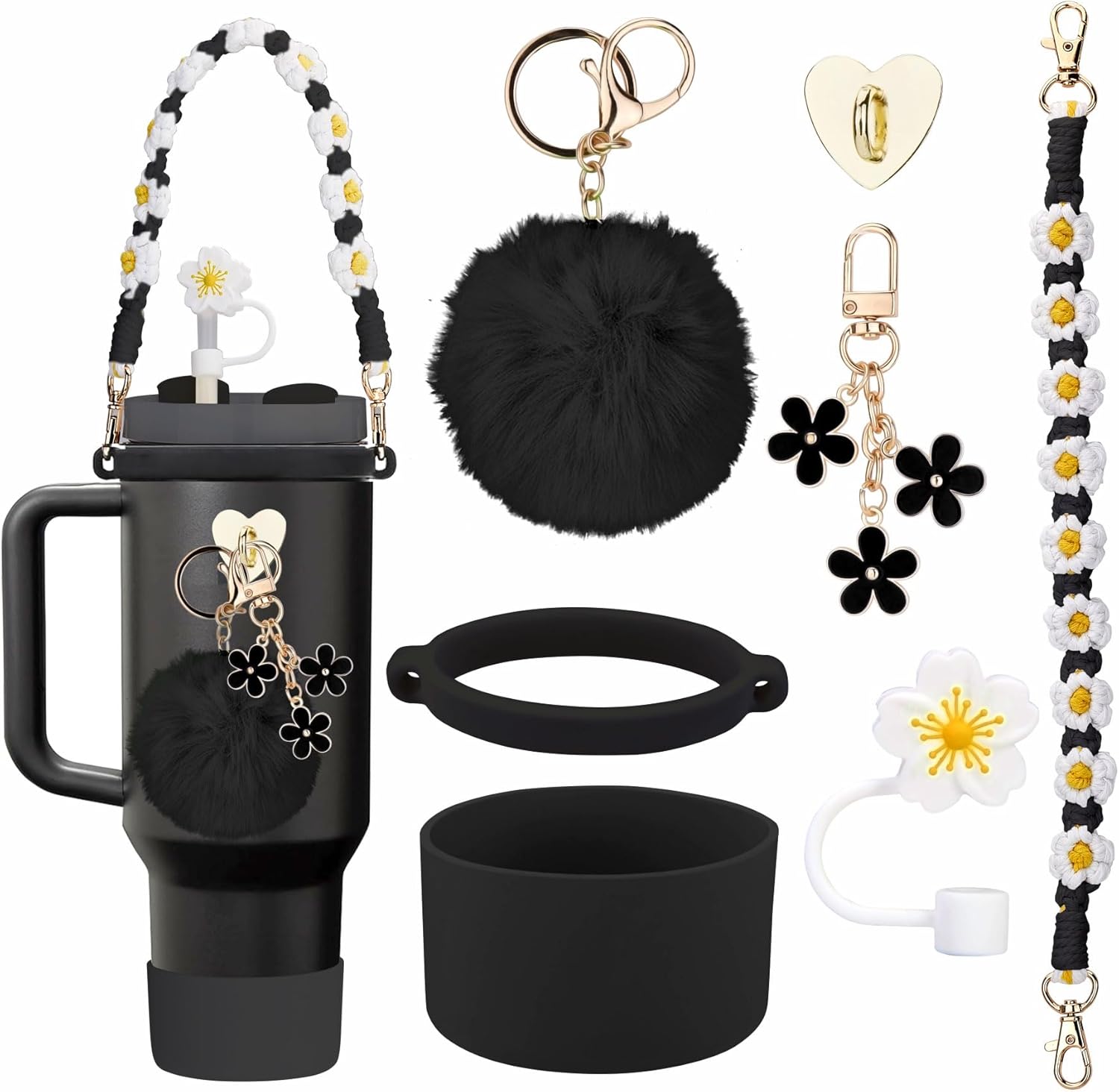 Accessories for Stanley Cup 40oz - Tumbler Strap, Silicone Cup Boot, Straw Cover, 2 Charms - Black
