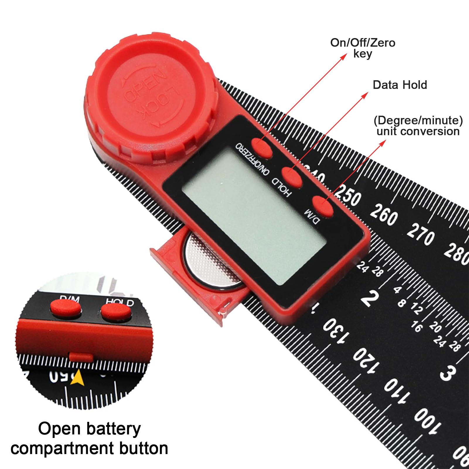 Goniometro Digitale 360°,Misuratore Angoli,Righello Angolare Digitale,con Doppia Gradazione,con Display LCD,Funzione Hold e Blocco,per Ingegneria,Lavorazione del Legno,Misurazioni Angolari Esatte