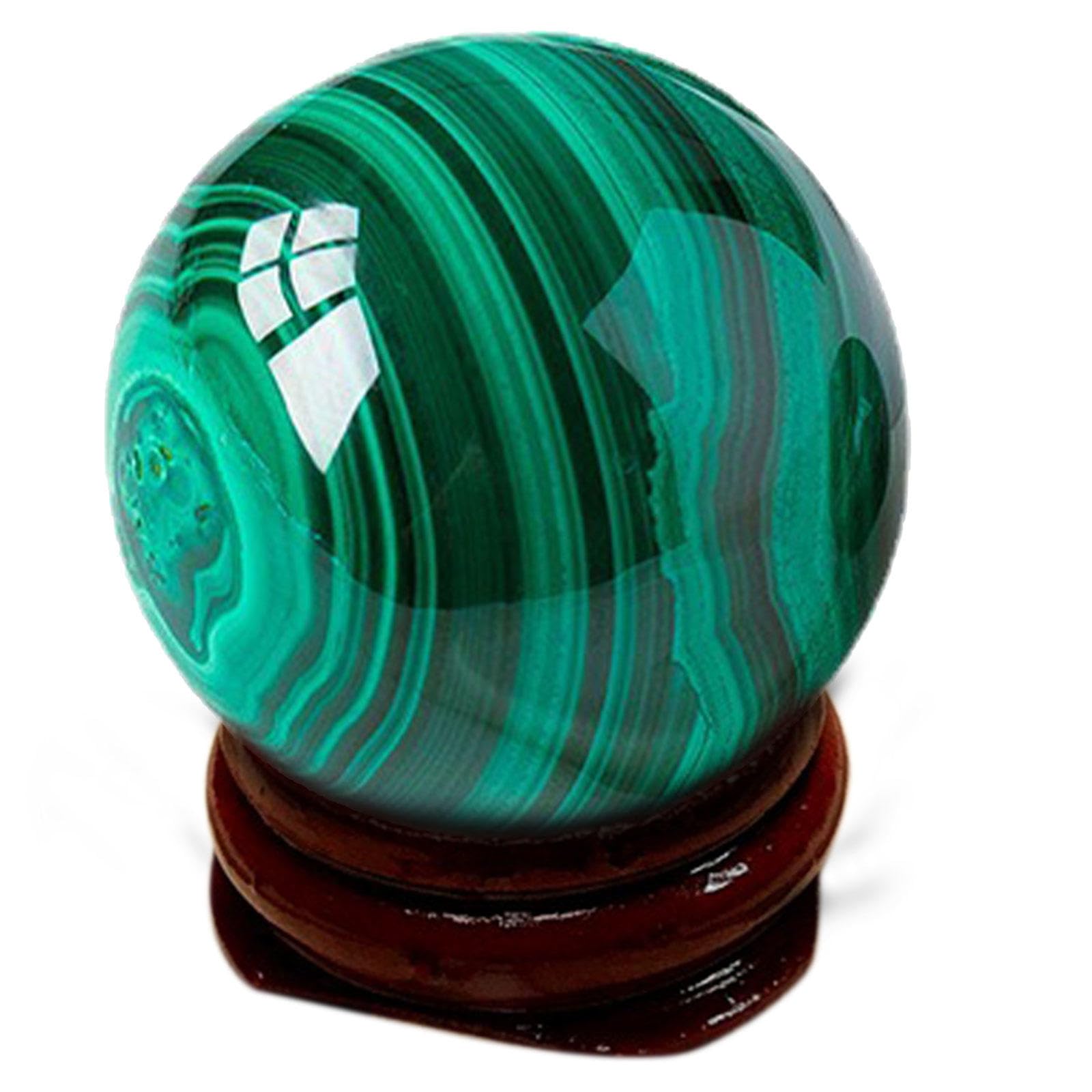 AARTERZZA Polished Malachite Sphere Gemstone Ball Sculpture Figurine with Wooden Stand for Home Office Decoration,50-55mm