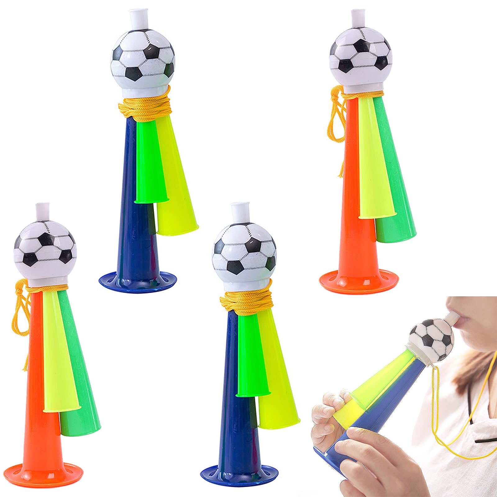 Snowtain 4 Piezas Trompeta Futbol,Animando Ruidos Trompeta de Fútbol Con cordón,Trompeta de Futbol de Plastico Bocina Futbol Para aficionados al fútbol, ​​fiestas temáticas de fútbol, ​​copa del mundo