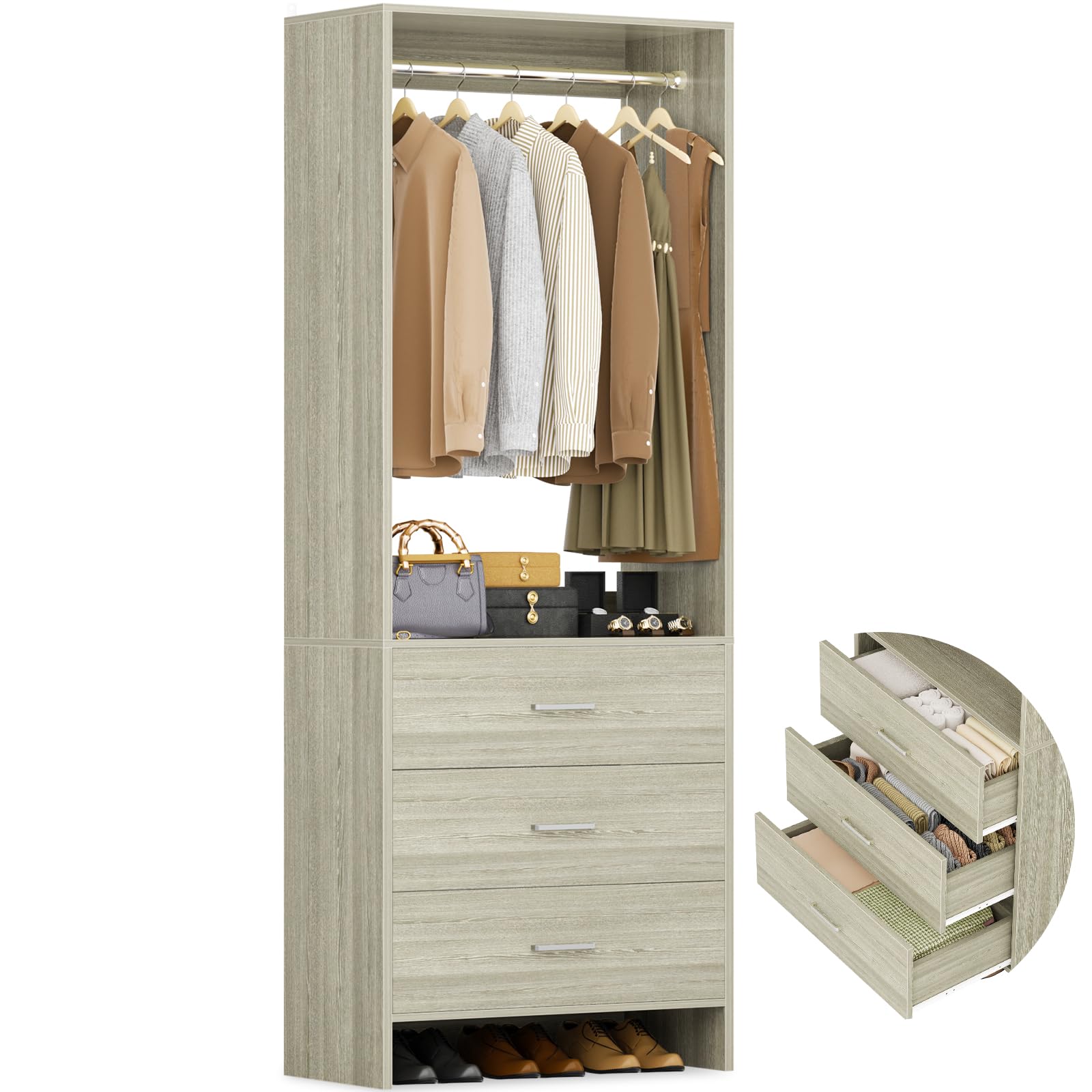 Aheaplus 2FT Closet System with 3 Drawers, 24’’ Closet Organizer, Wood Closet Organizer System, Walk-in Closet or Small Closets Wardrobe, Clothes Rack with Hanging Rods,-F1,White Oak
