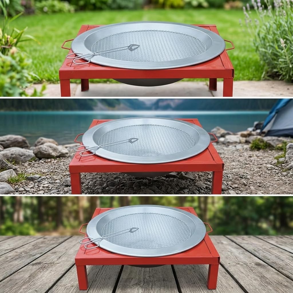 Barbecue Pieghevole Portatile per Campeggio e Picnic, Gria a Carbone per 5+ Persone, 50cm telaio rosso + 50cm vasca + griglia