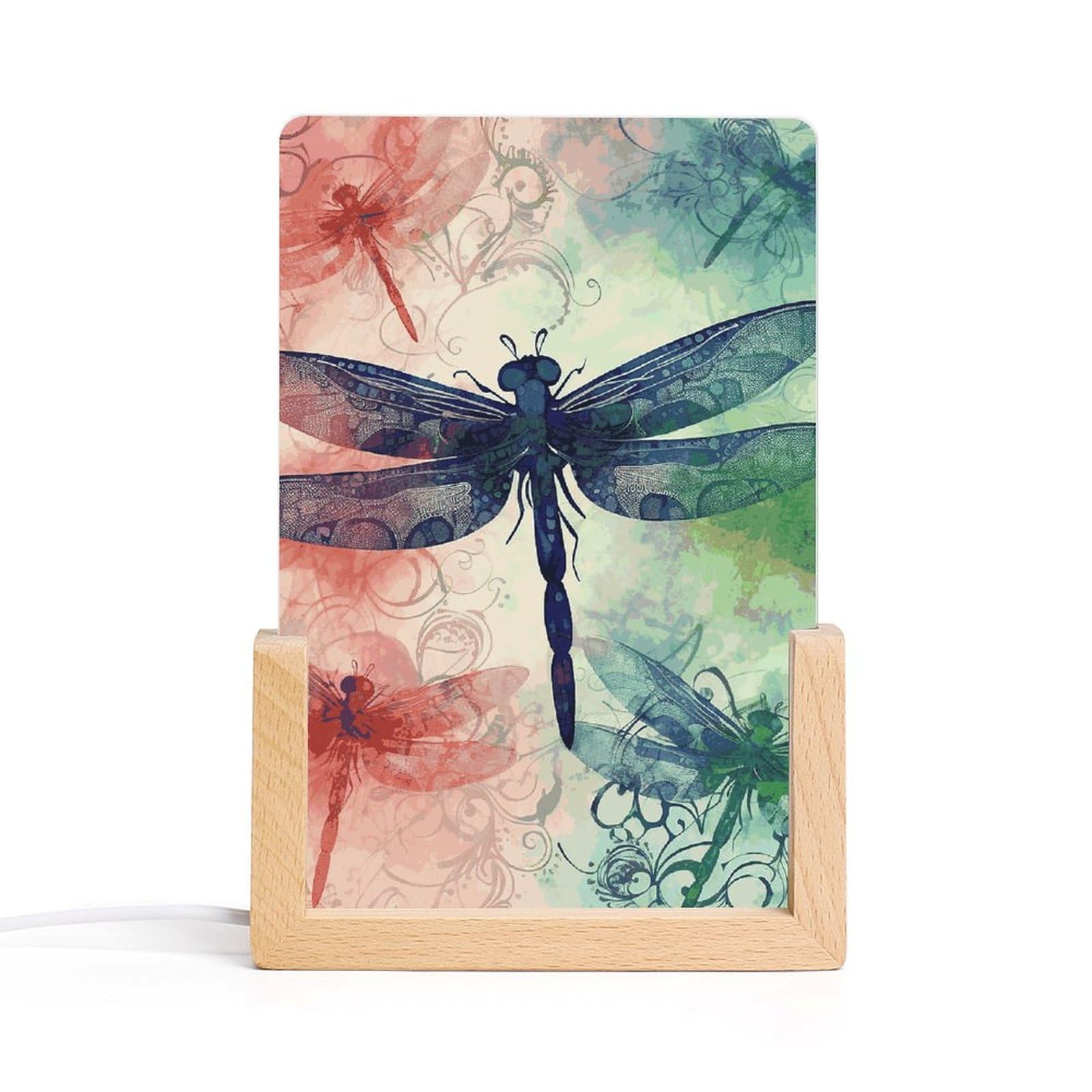 JTREHY Acrylic Night Light,Modern Dragonfly Printed Wooden Base LED Night Light Modern Home Decoration Light with USB Switch Cable for Bar Cafe Bedroom Room Decoration
