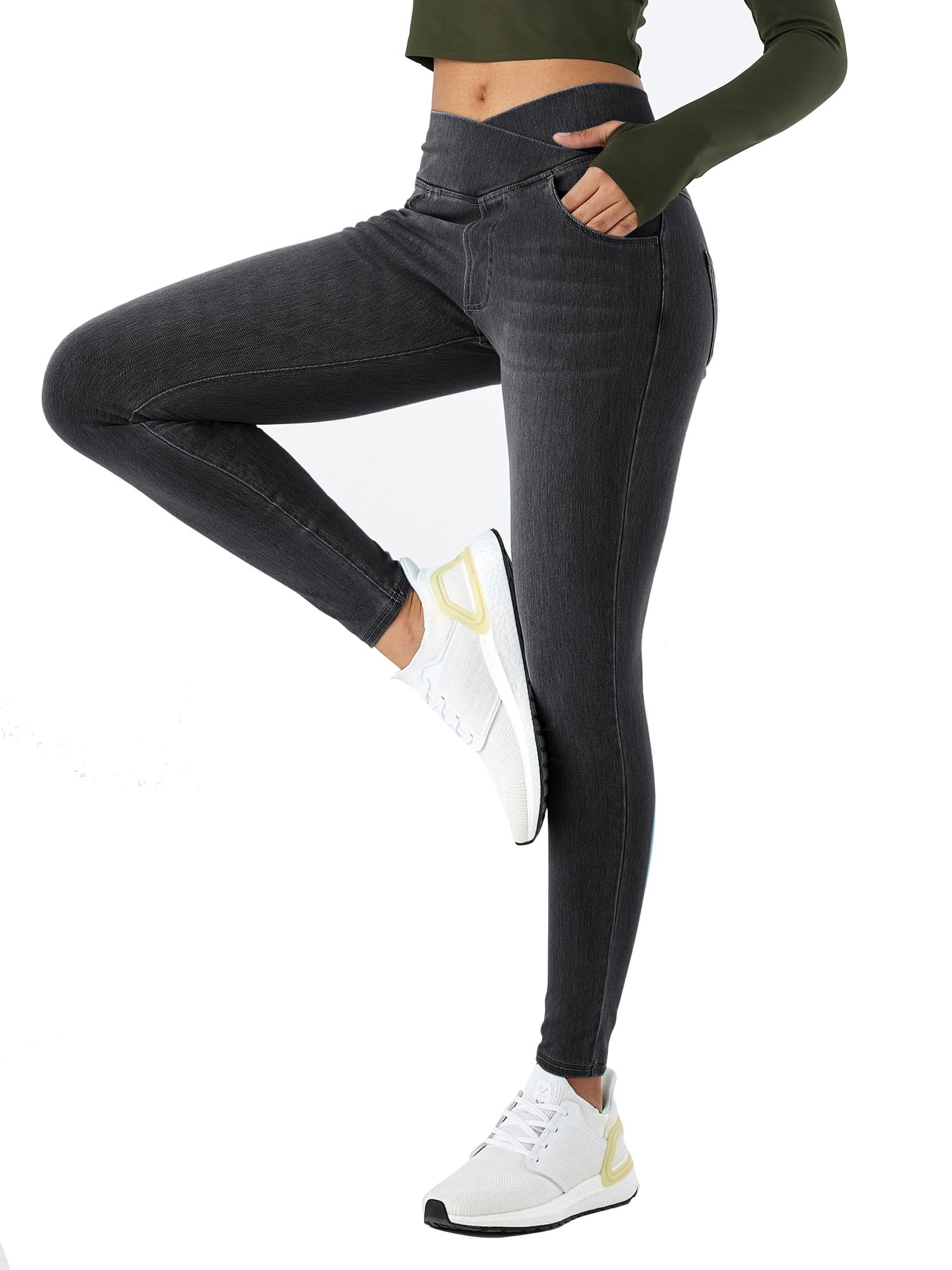 LaiEr Donna V Crossover Skinny Jeans Vita Alta Controllo Pancia Leggings Fitness Casual, Elasticità Morbida Stampa Denim Finto Casual con Tasche Laterali.