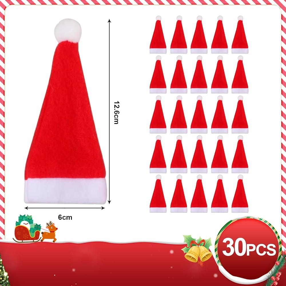 30 PCS Mini Chapeaux Père Noël - Petits Bonnets Noël Pour Décorations Table, Bouteilles & Sucettes - Bricolage Noël