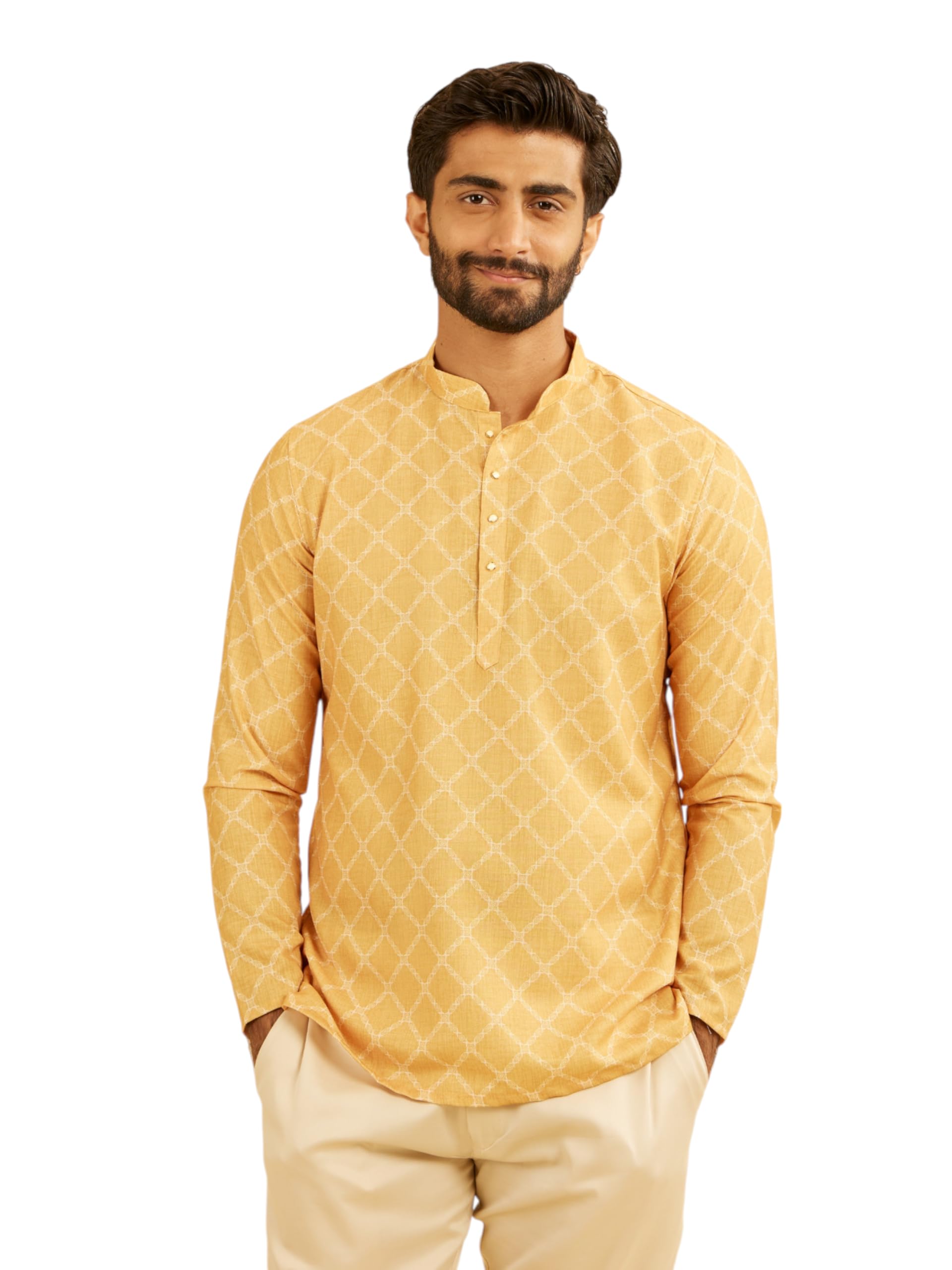 manyavar Men's Cotton Blend Geometric Printed Short Kurta (1pc)-picture-25