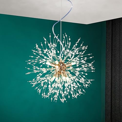 zhllmq Candelabros modernos de fuegos artificiales, diente de león, Sputnik, lámpara de cristal dorada, lámpara colgante para cocina, isla, comedor,